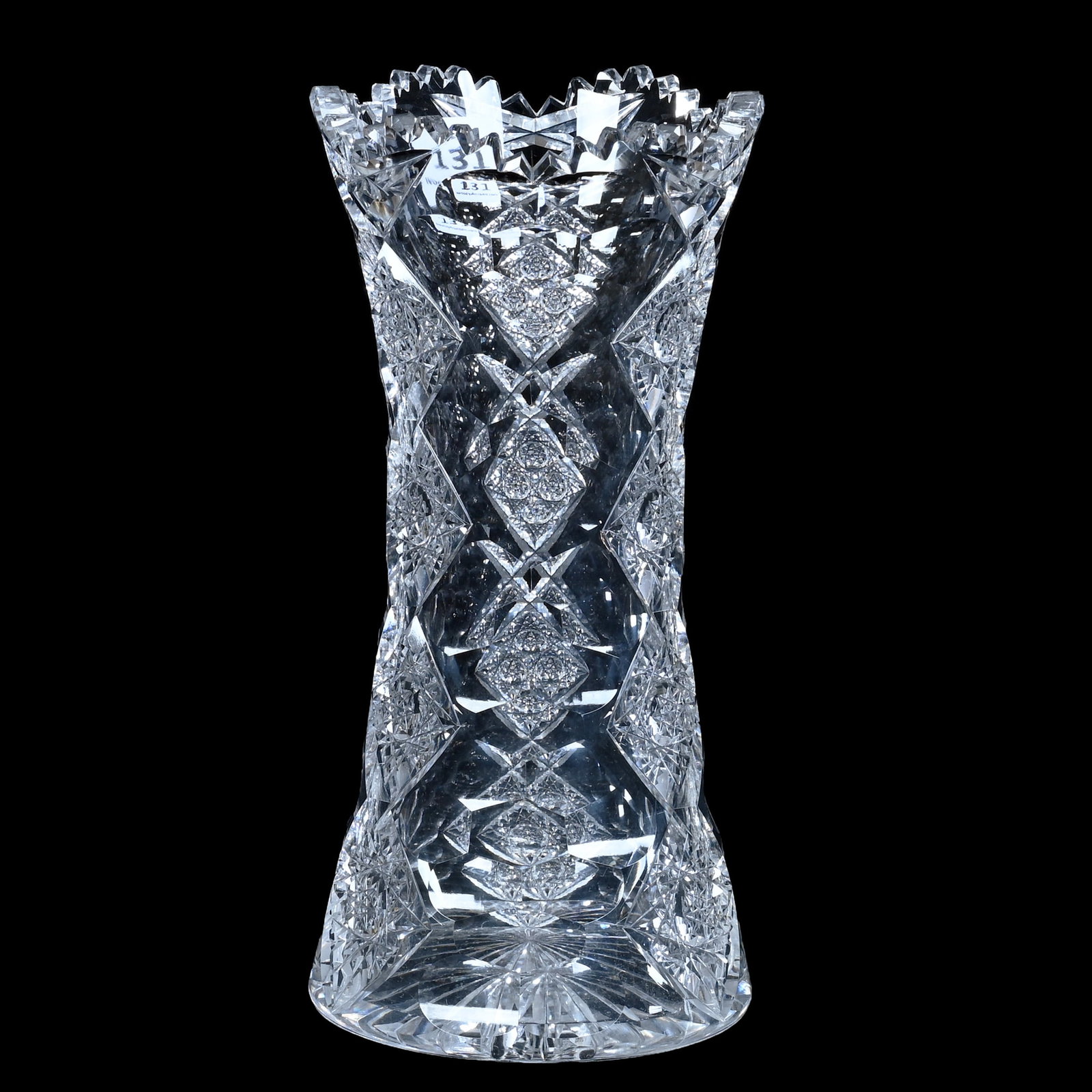 Vase, American Brilliant Cut Glass, Pattern Variation Of Queens By Hawkes: Vase, American Brilliant Cut Glass, Pattern Variation Of Queens By Hawkes, 7.75 x 3.75 x 3.75 Inches, Ray Cut Base, 1.7 Pounds, Bill Sandars Collection.