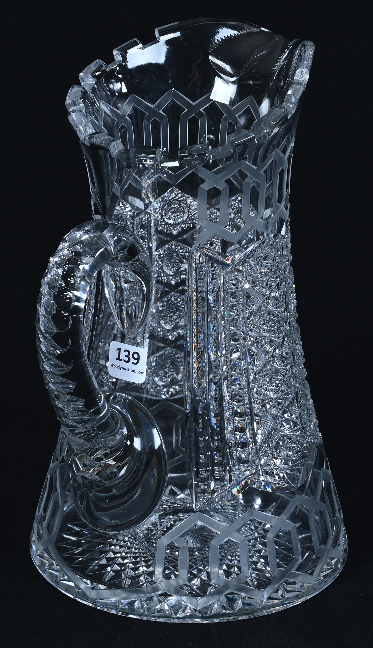 Water Pitcher, American Brilliant Cut Glass, Alhambra Pattern By Meriden (Also Known As Greek Key) - 2