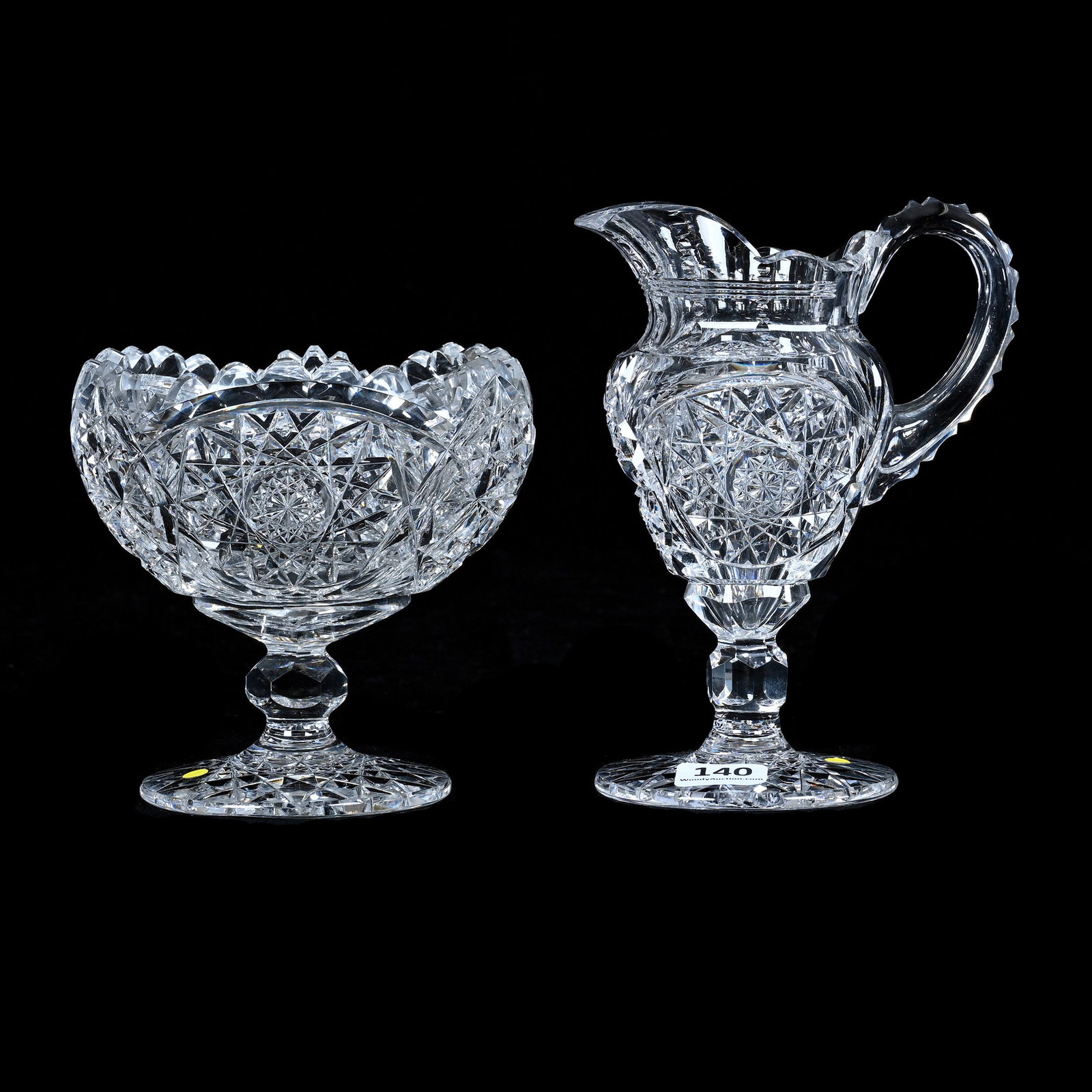 Pedestal Creamer And Sugar, American Brilliant Cut Glass, Signed Hawkes, Dorcas Pattern (1 of 3)