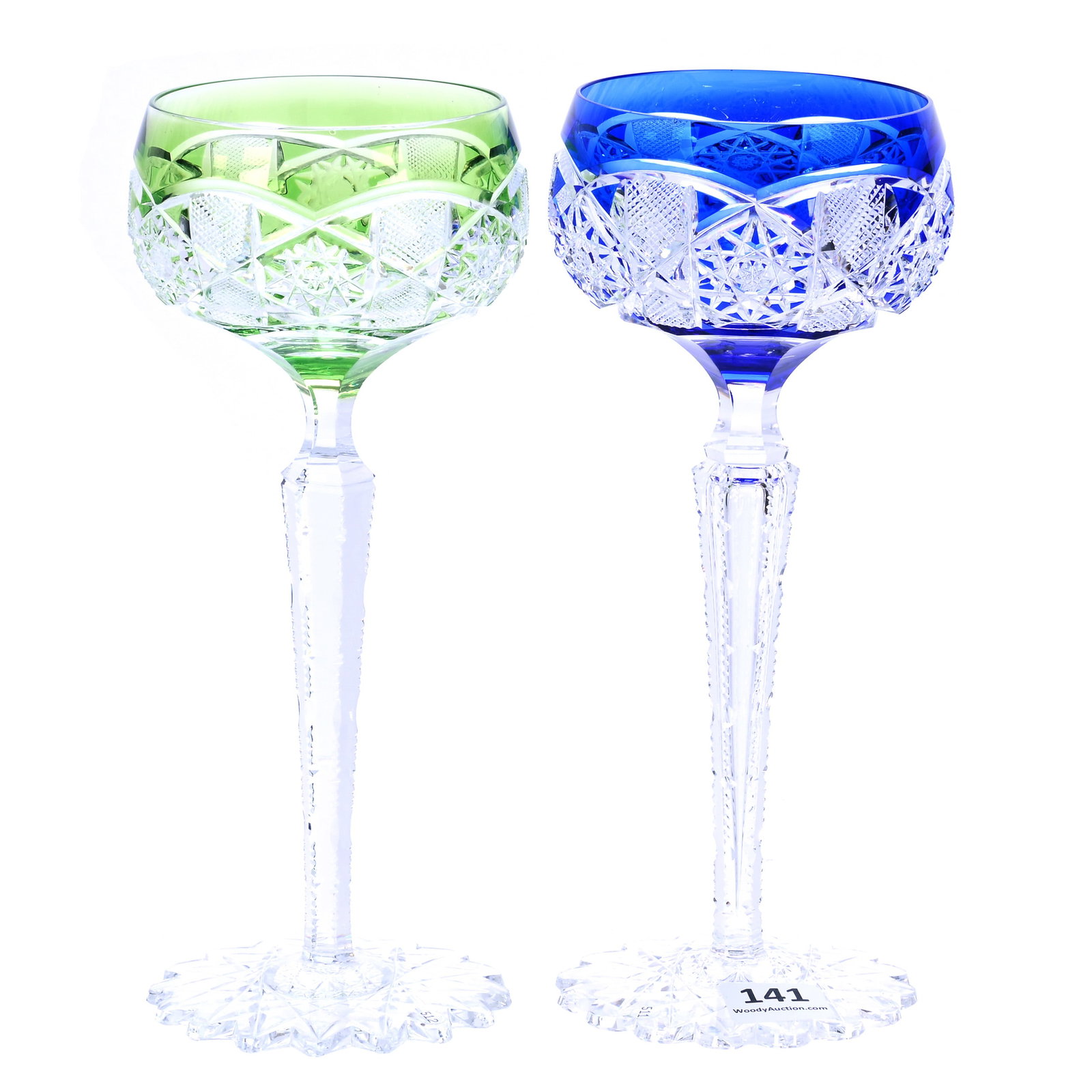 (2) Wine Stems, Brilliant Period Cut Glass, Color Cut To Clear, Saarbrucken Pattern, Circa 1905 (1 of 3)