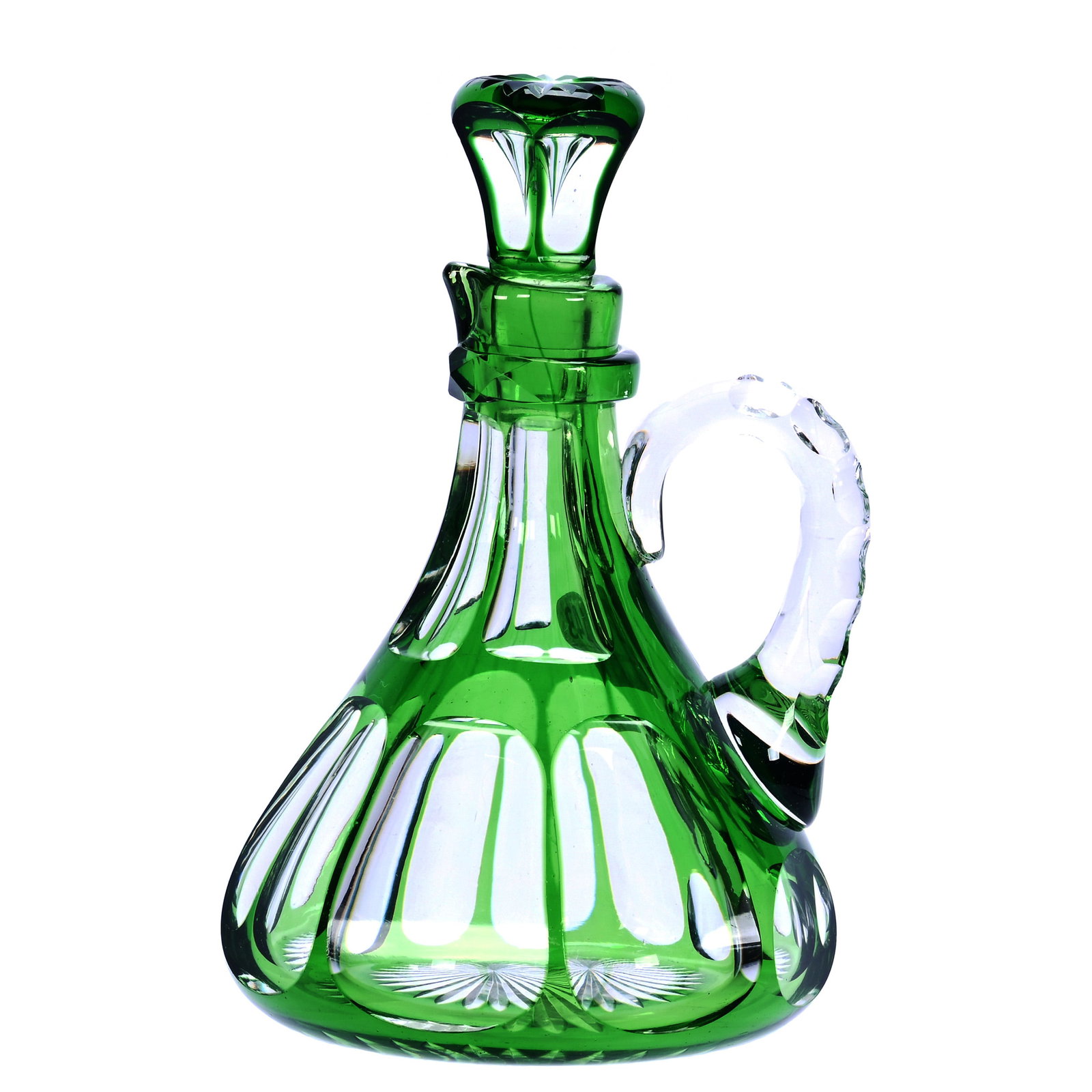 Cruet, American Brilliant Cut Glass, Green Cut To Clear: Cruet, American Brilliant Cut Glass, Green Cut To Clear, 5.5 x 3.75 x 3.5 Inches, Flute Pattern With Pattern Matched Stopper, Double Notched Handle, Ray Cut Base, 1 Pound, Bill Sandars Collection.