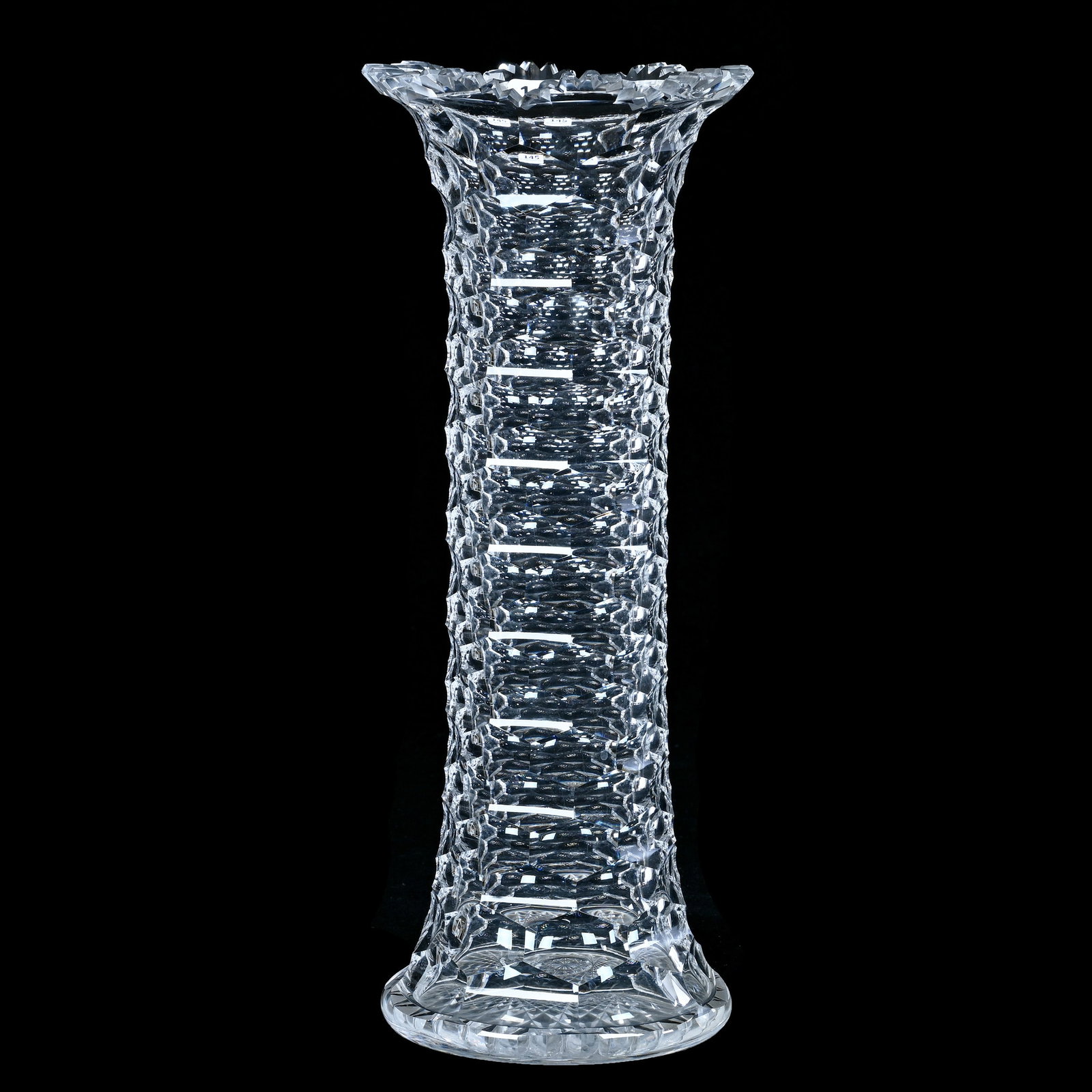 Vase, American Brilliant Cut Glass, Hollow Diamond Pattern By Dorflinger: Vase, American Brilliant Cut Glass, Hollow Diamond Pattern By Dorflinger, 14 x 5.5 x 5.5 Inches, Hobstar Base, One Tooth With Chip, 4.2 Pounds, Bill Sandars Collection.