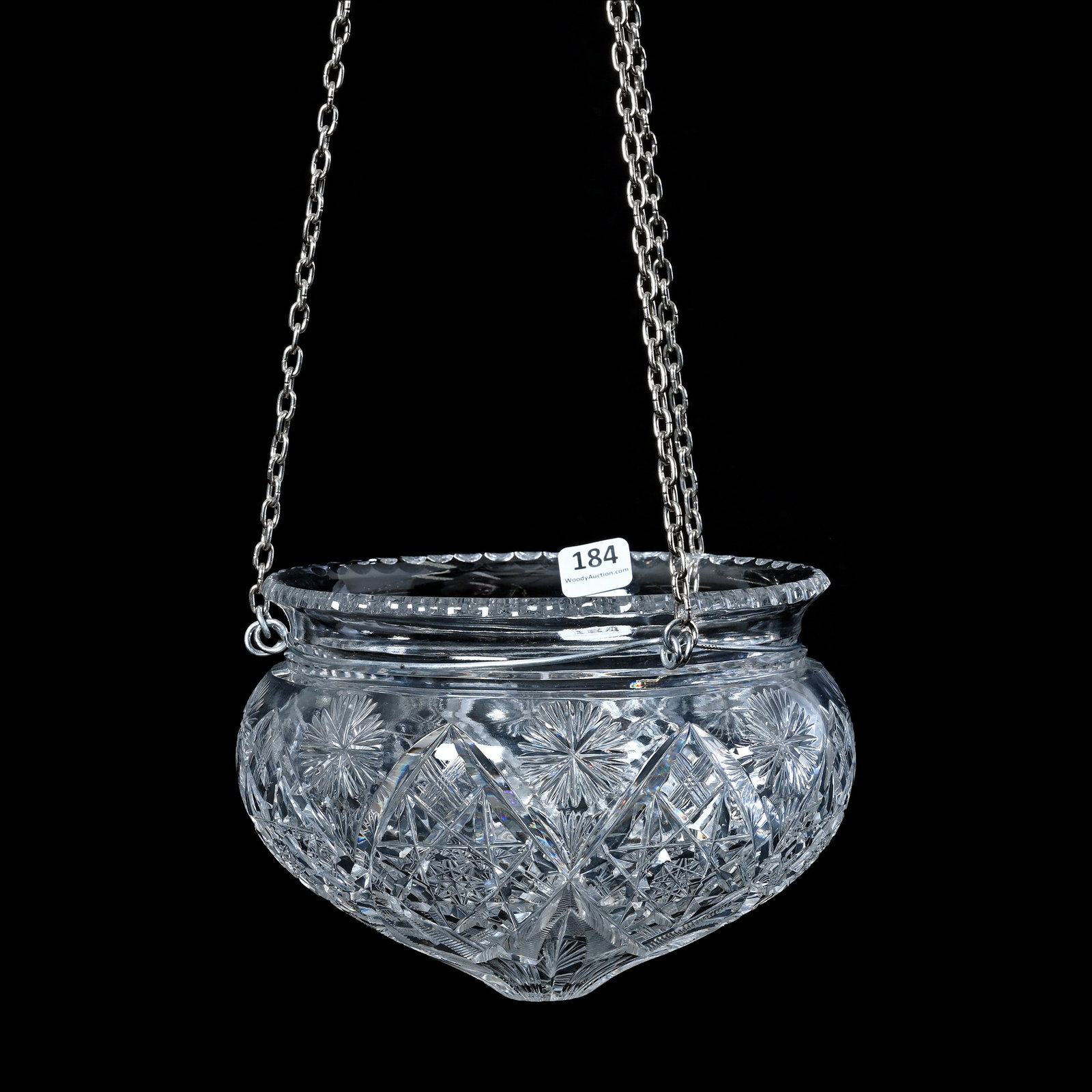Hanging Flower Pot, American Brilliant Cut Glass, Jefferson Pattern By Pairpoint: Hanging Flower Pot, American Brilliant Cut Glass, Jefferson Pattern By Pairpoint, 7.25 x 7.25 x 5 Inches, Original Chain, 3.1 Pounds, Bill Sandars Collection.