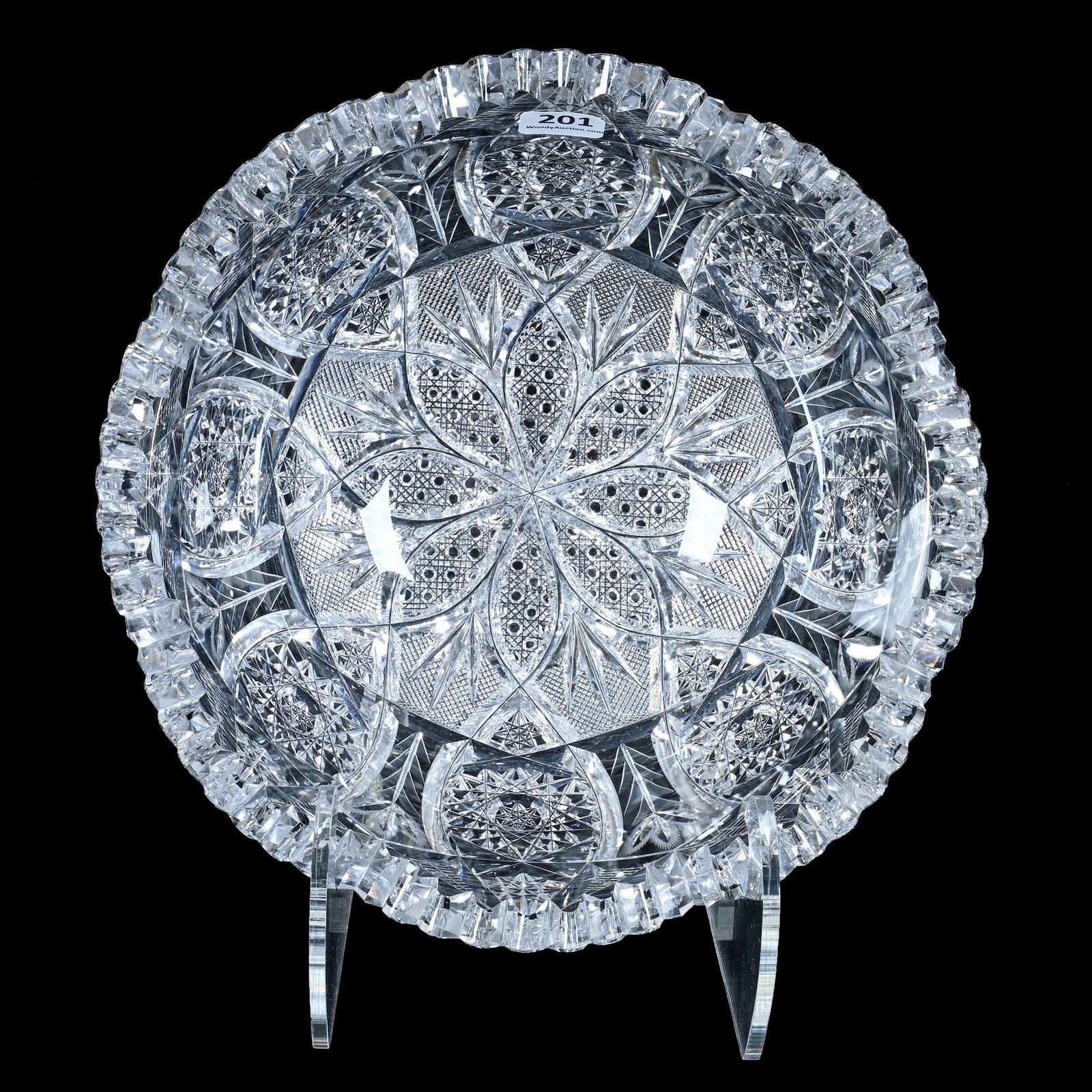 Bowl, American Brilliant Cut Glass: Bowl, American Brilliant Cut Glass, 9 x 9 x 4 Inches, Hobstar Vesica, Cane Vesica, Crosscutting, Miter, And Engraved Floral Highlights, Excellent Blank, 5.7 Pounds, Bill Sandars Collection.