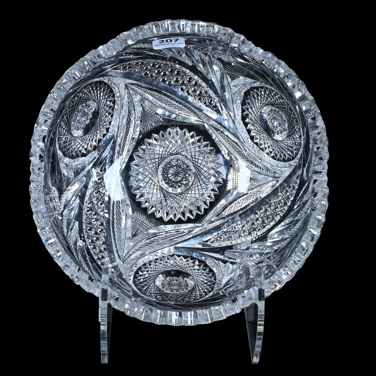 Bowl, American Brilliant Cut Glass: Bowl, American Brilliant Cut Glass, 8.25 x 8.25 x 3.5 Inches, Three Sections Of Wreathed Hobstar, Vesica, And Geometric Motif, Unknown Cutter, Nice Quality, 3.3 Pounds, Bill Sandars Collection.