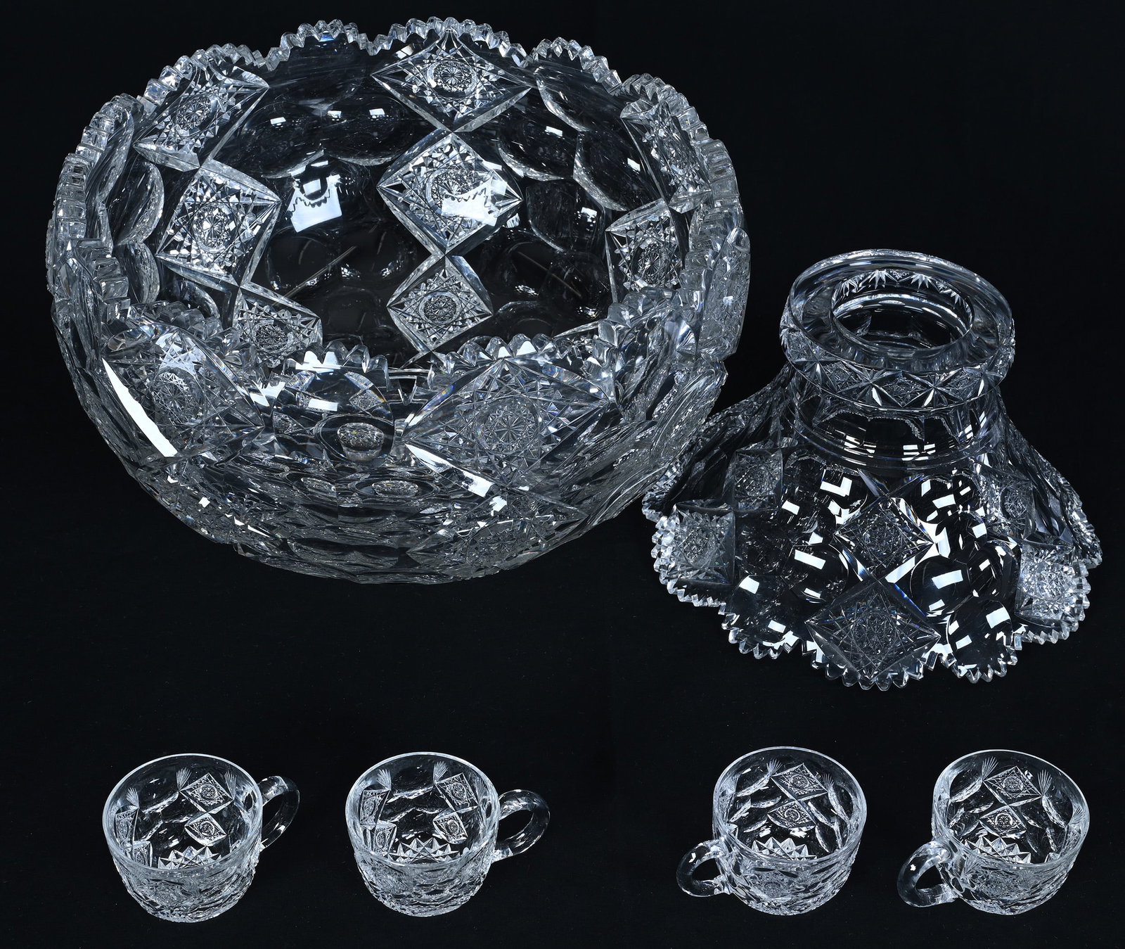 Two Part Punch Bowl, American Brilliant Cut Glass, Signed Hawkes, Queens Pattern - 2