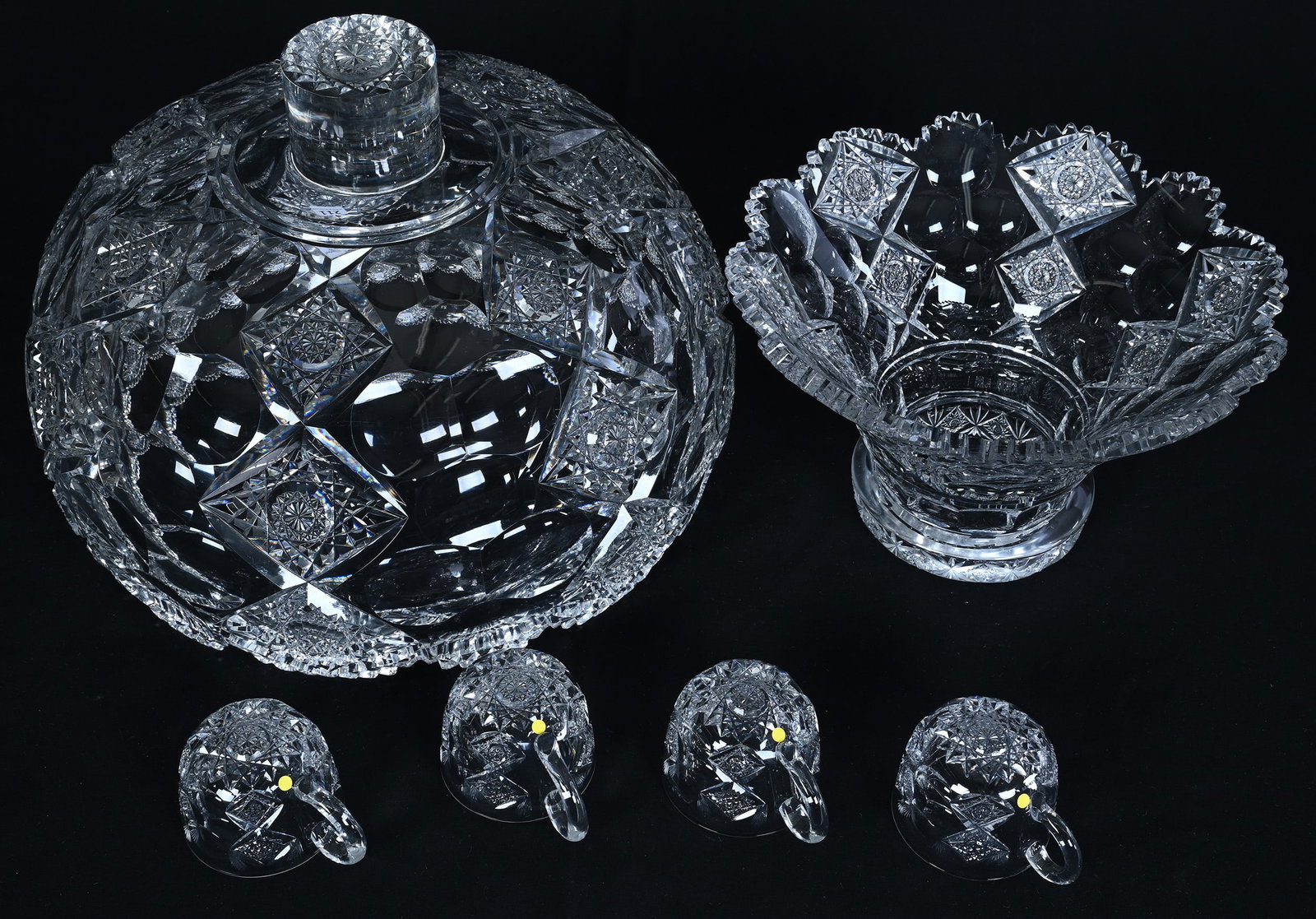 Two Part Punch Bowl, American Brilliant Cut Glass, Signed Hawkes, Queens Pattern - 3