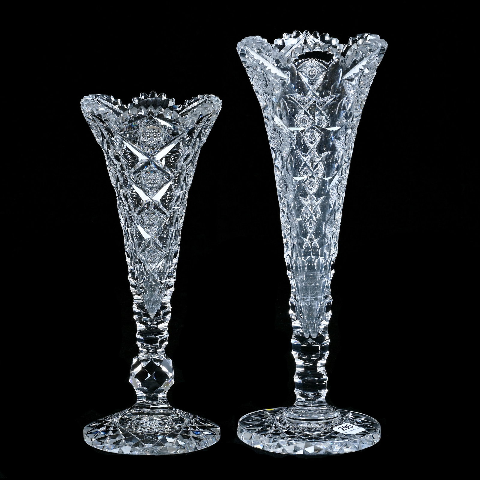 (2) Trumpet Vases, American Brilliant Cut Glass, Signed Hawkes, Queens Pattern (1 of 3)