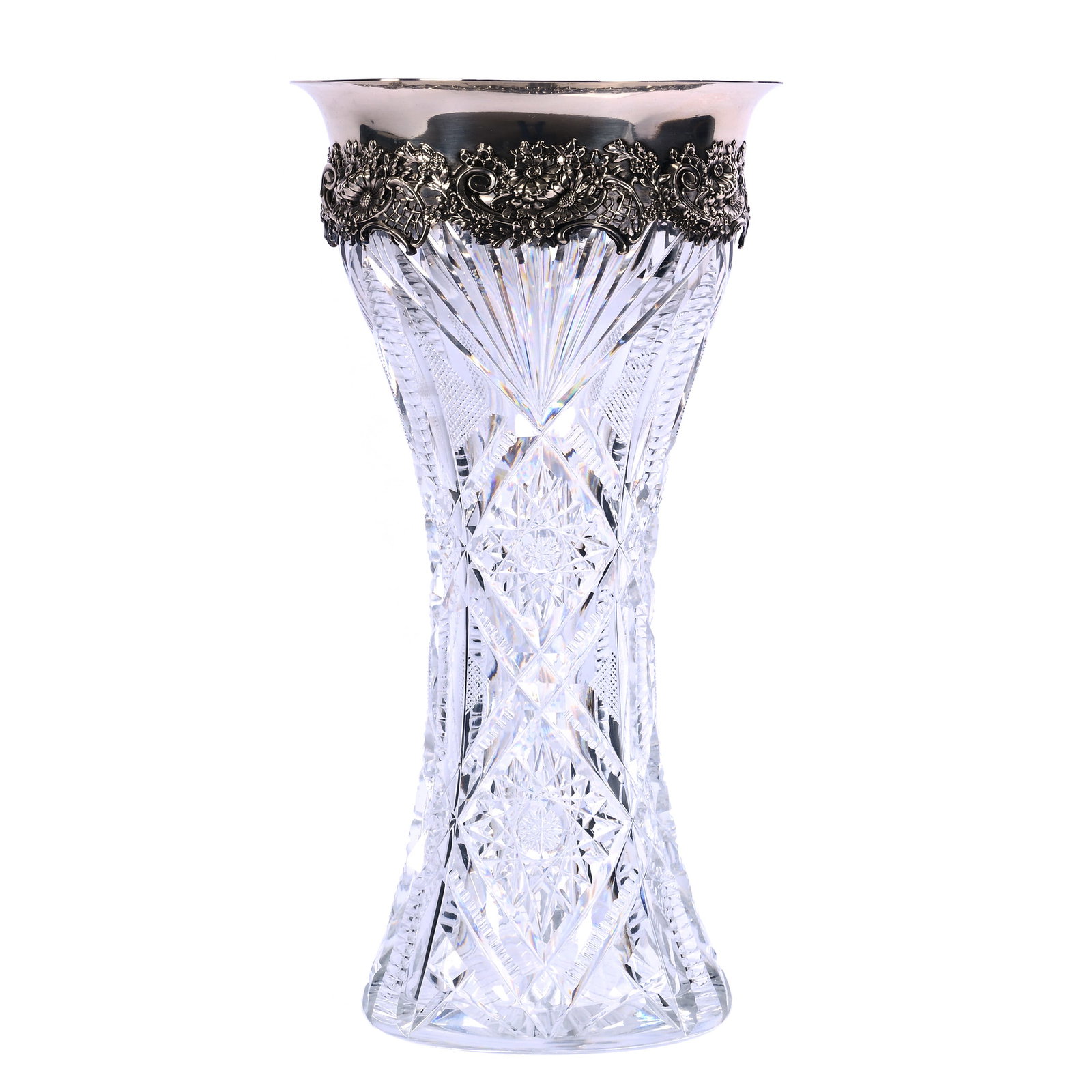 Vase, American Brilliant Cut Glass: Vase, American Brilliant Cut Glass, 12.5 x 6.5 x 6.5 Inches, Hobstar, Crossbar, Prism, Crosscutting, Zipper, And Fan Motif, Ray Cut Base, Elaborate Mauser Sterling Silver Rim, 5.9 Pounds, Bill Sandars
