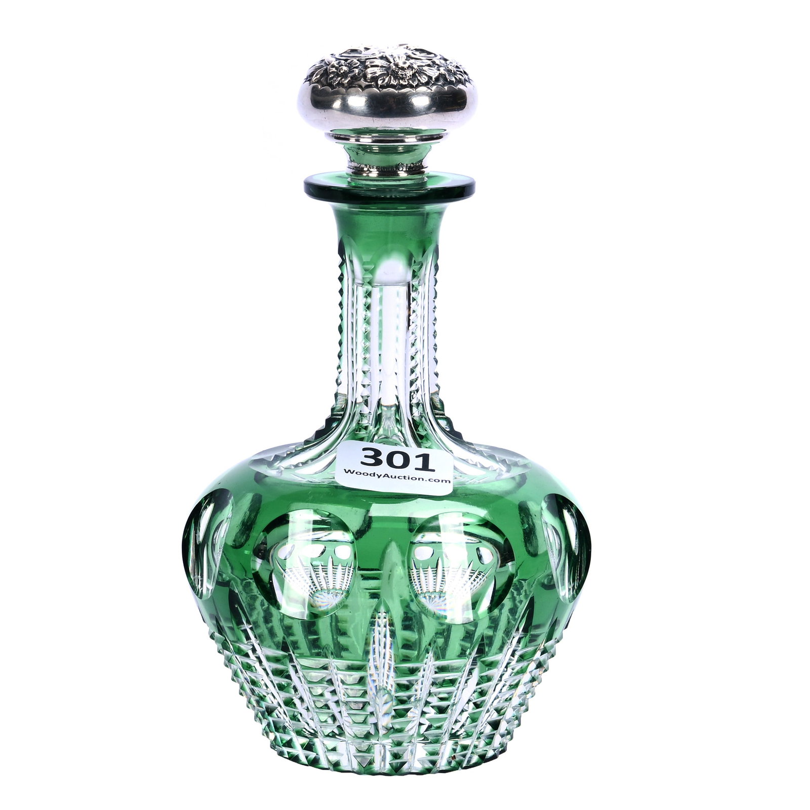 Perfume Bottle, American Brilliant Cut Glass, Green Cut To Clear: Perfume Bottle, American Brilliant Cut Glass, Green Cut To Clear, 5.5 x 3.25 x 3.25 Inches, Cambridge Pattern By Pairpoint, Sterling Silver Stopper Marked Gorham, S1984, 0.7 Pounds, Bill Sandars Colle