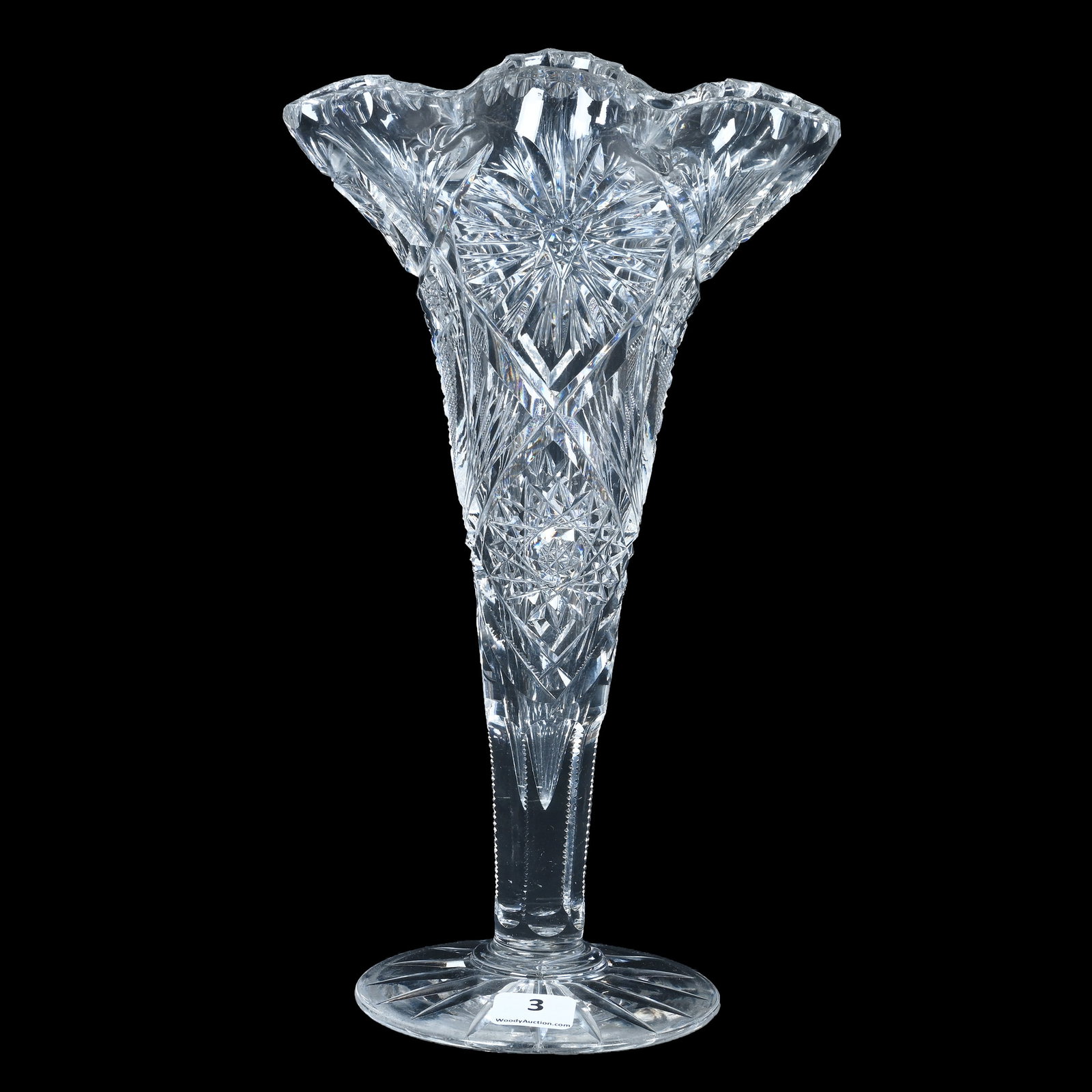 Fan Shaped Vase, American Brilliant Cut Glass: Fan Shaped Vase, American Brilliant Cut Glass, 10.25 x 6 x 4 Inches, Hobstar, Pinwheel, Flashed Star, Cane, Crosscutting, Prism, And Fan Motif, Unique Pinched Rim, Ray Cut Foot, 2.1 Pounds, Mitchell C