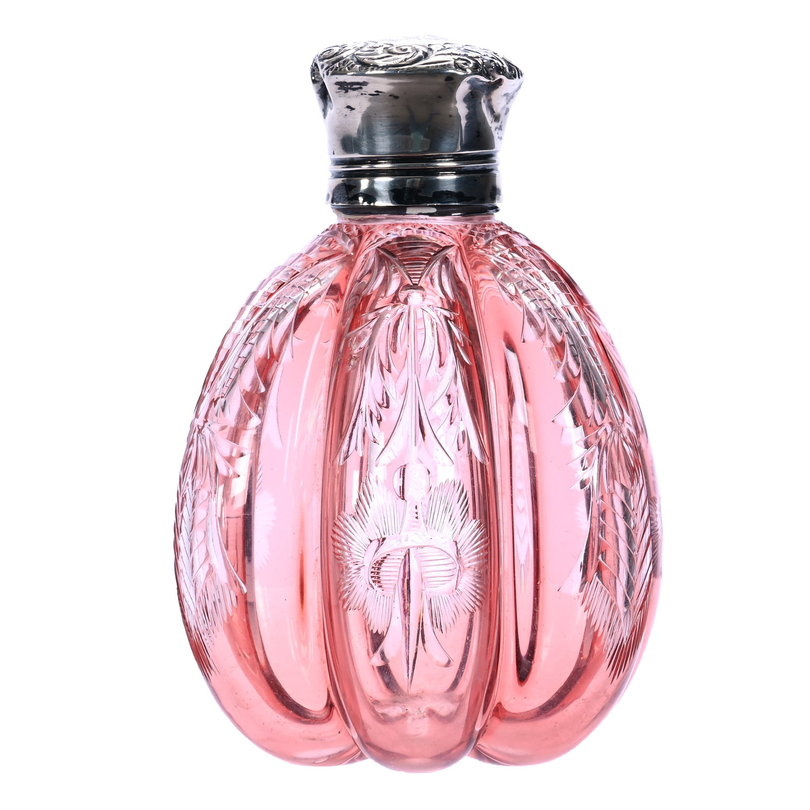 Melon Ribbed Cologne, Brilliant Period Cut Glass, Engraved Floral Design Attributed To Stevens & (1 of 6)