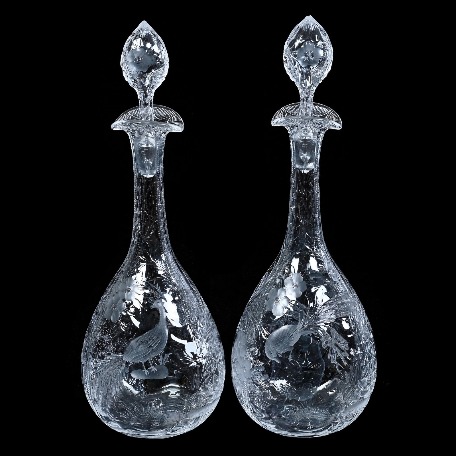 (2) Decanters, Brilliant Period Cut Glass, Rock Crystal: (2) Decanters, Brilliant Period Cut Glass, Rock Crystal, 14.75 x 5 x 4 Inches, Finely Engraved Tropical Bird And Floral Design, Pattern Engraved Stoppers, Magnificent Pair, 3.3 Pounds, Mitchell Caughm