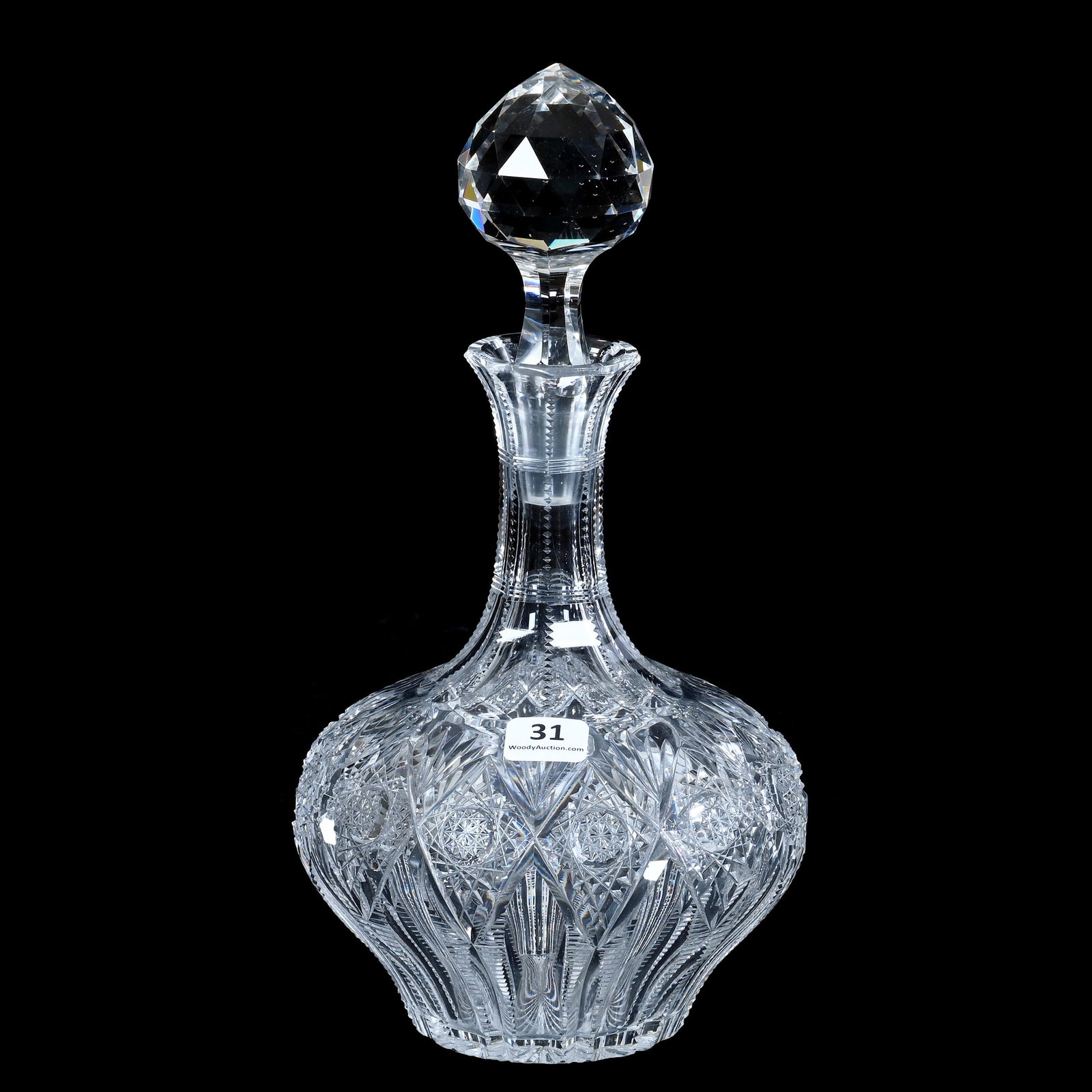 Decanter, American Brilliant Cut Glass, Signed Hawkes, Brunswick Pattern: Decanter, American Brilliant Cut Glass, Signed Hawkes, Brunswick Pattern, 10.75 x 5.75 x 5.75 Inches, Tiny Rim Nick Polish, 2.9 Pounds, David Libby Collection, Indiana. Effective 6/6/26, All LiveAucti