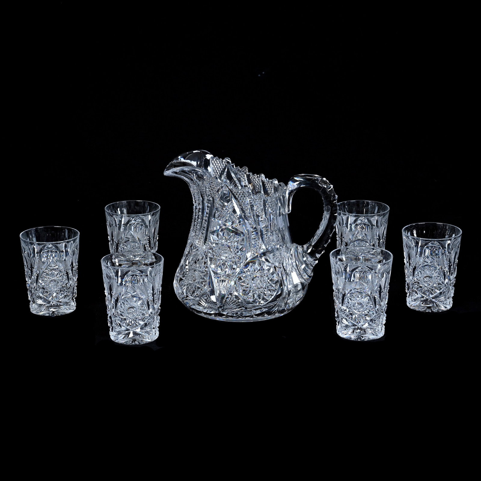Water Set, American Brilliant Cut Glass, Signed Libbey, Glenda Pattern: Water Set, American Brilliant Cut Glass, Signed Libbey, Glenda Pattern, 8 x 8.75 x 7 Inches, Includes (1) Pitcher With Triple Notched Handle And Hobstar Base, (6) 4" Tumblers, Beautiful Set, 9.9 Pound