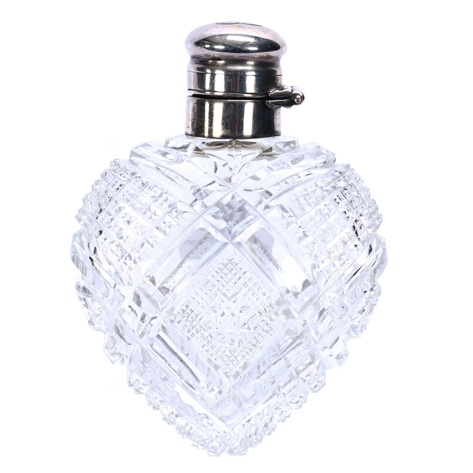 Perfume Bottle, American Brilliant Cut Glass,: Perfume Bottle, American Brilliant Cut Glass, 4.25 x 3 x 1.5 Inches, Heart Shape With Quarter Diamond, Bar, And Crosscutting Motif, Sterling Silver Flip Lid, Attributed To Unger Brothers, 0.4 Pounds, 