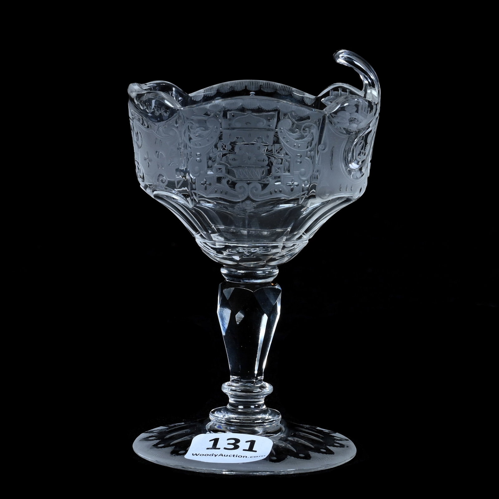 Wine Stem, Brilliant Period Cut Glass, Attributed To Lobmeyr: Wine Stem, Brilliant Period Cut Glass, Attributed To Lobmeyr, 4.5 x 2.75 x 2.5 Inches, Shell Shaped Bowl With Engraved Floral And Scroll Design, Nice Form, 0.2 Pounds, Mitchell Caughman Collection, Co