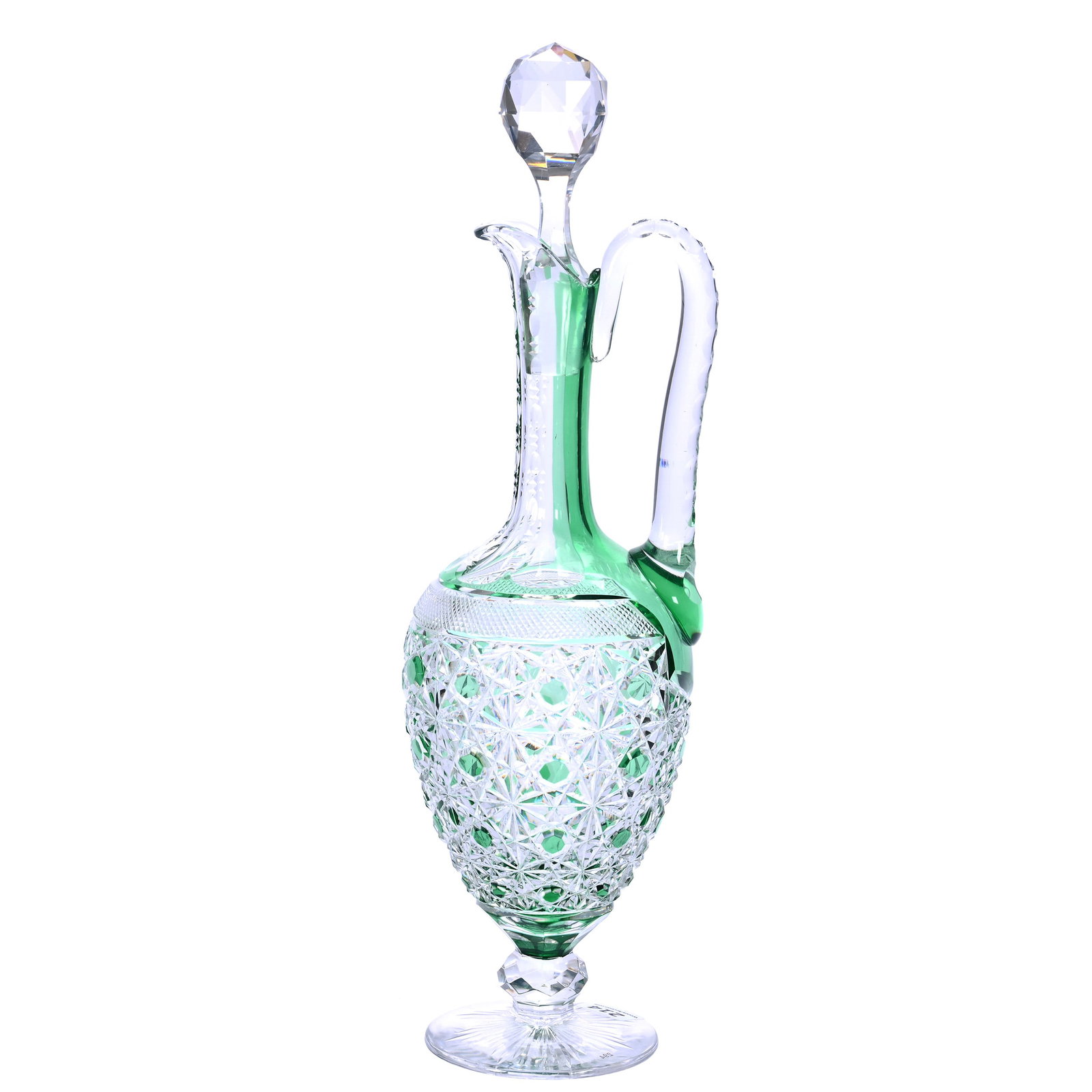 Pedestal Decanter, Brilliant Period Cut Glass, Green Cut To Clear (1 of 3)