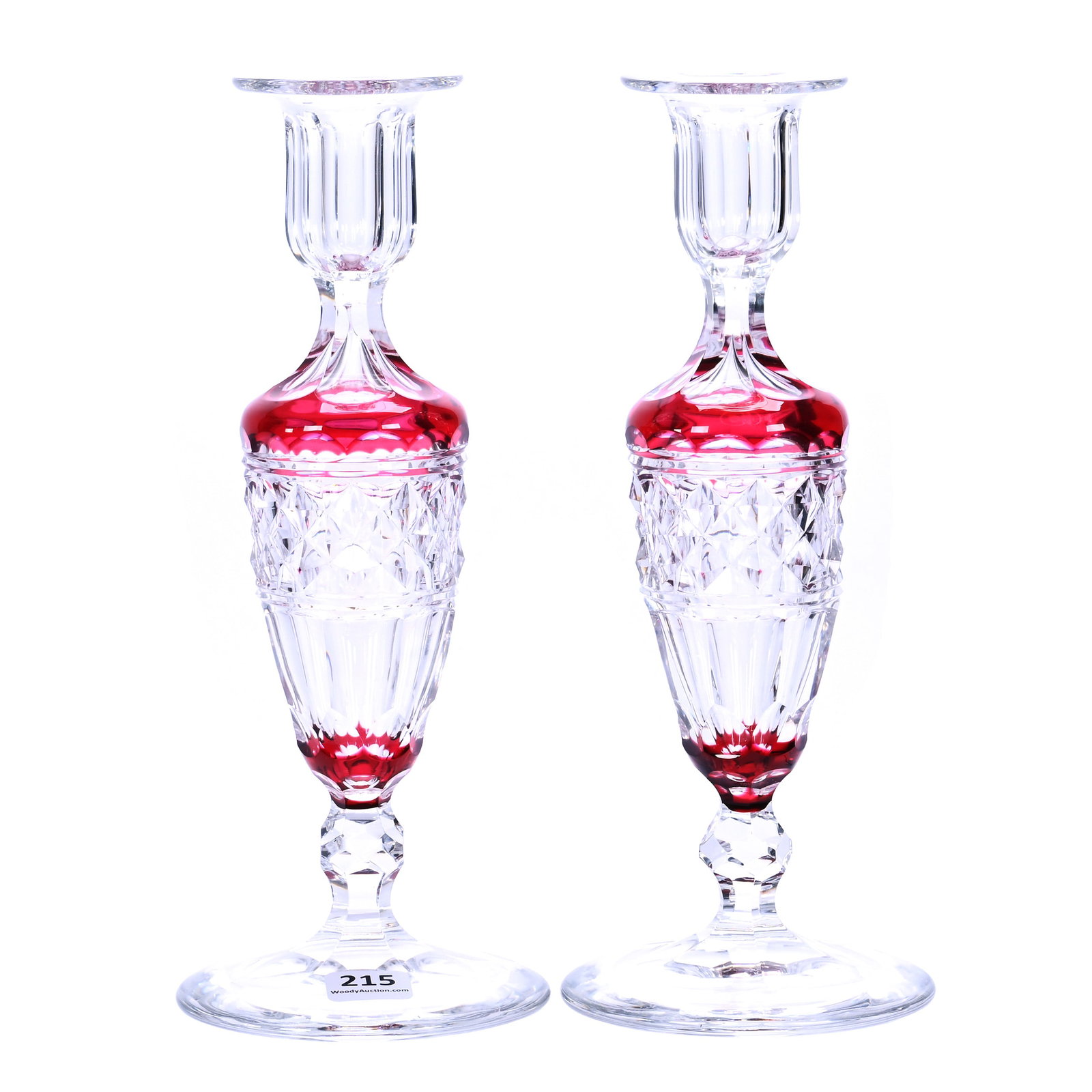 Pair Candlestick Holders, Brilliant Period Cut Glass, Cranberry Cut To Clear (1 of 3)