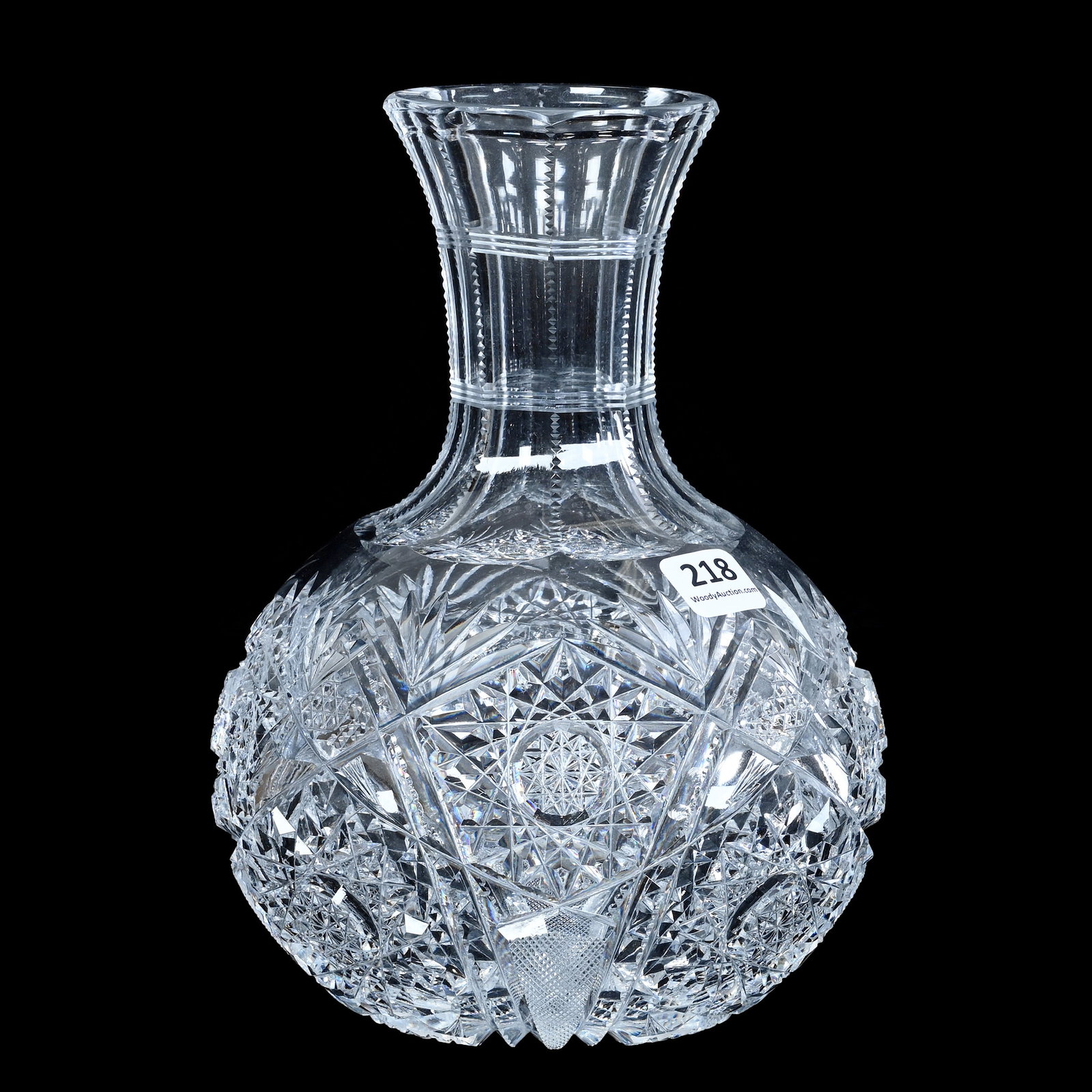 Water Carafe, American Brilliant Cut Glass: Water Carafe, American Brilliant Cut Glass, 8.25 x 5.75 x 5.75 Inches, Four Alternating Sections Of Hobstar, Vesica, Prism, Crosscutting, Nailhead Diamond, And Fan Motif, 3 Pounds, Mitchell Caughman C