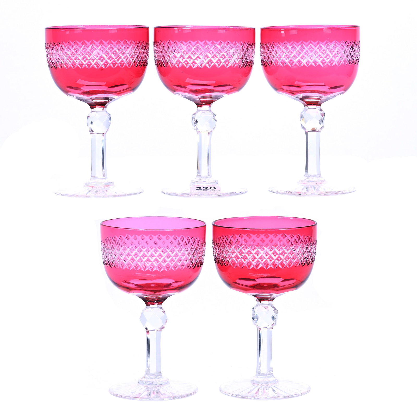(5) Wine Stems, American Brilliant Cut Glass, Cranberry Cut To Clear (1 of 3)