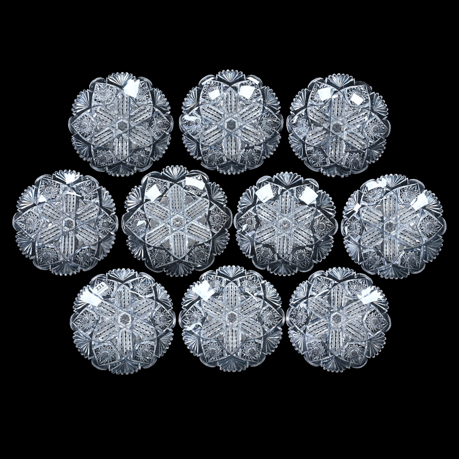 (10) Plates, American Brilliant Cut Glass: (10) Plates, American Brilliant Cut Glass, 7 x 7 x 1.25 Inches, Six Alternating Sections Of Hobstar, Prism, And Fan Motif, Clear Blanks, Nice Set, Two Plates Have Small Chip, 12.3 Pounds, Robert H. Me