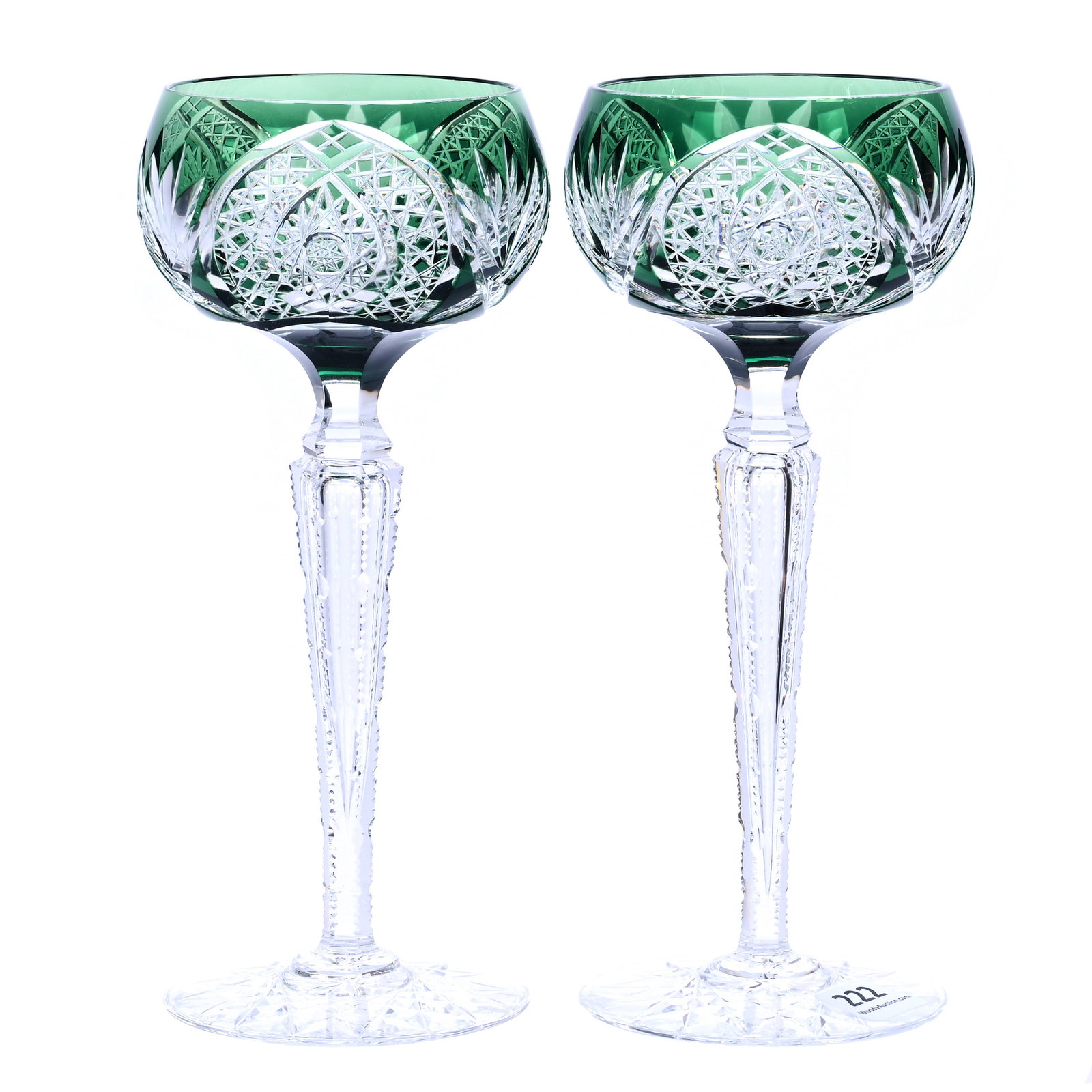 Pair Wine Stems, Brilliant Period Cut Glass, Green Cut To Clear (1 of 3)