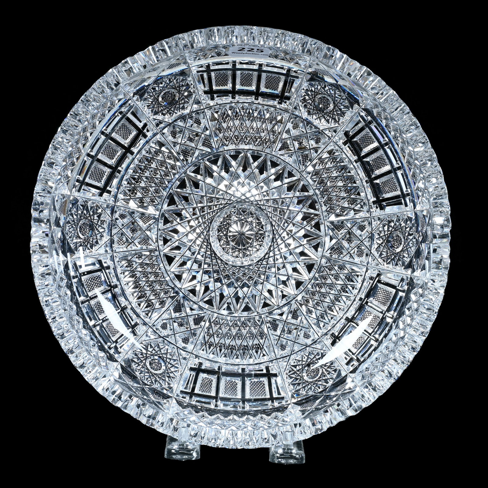 Bowl, American Brilliant Cut Glass: Bowl, American Brilliant Cut Glass, 9 x 9 x 2.5 Inches, Six Alternating Sections Of Hobstar, Block, Quarter Diamond, And Crosscutting Motif, 3.2 Pounds, Mitchell Caughman Collection, Colorado. Effecti