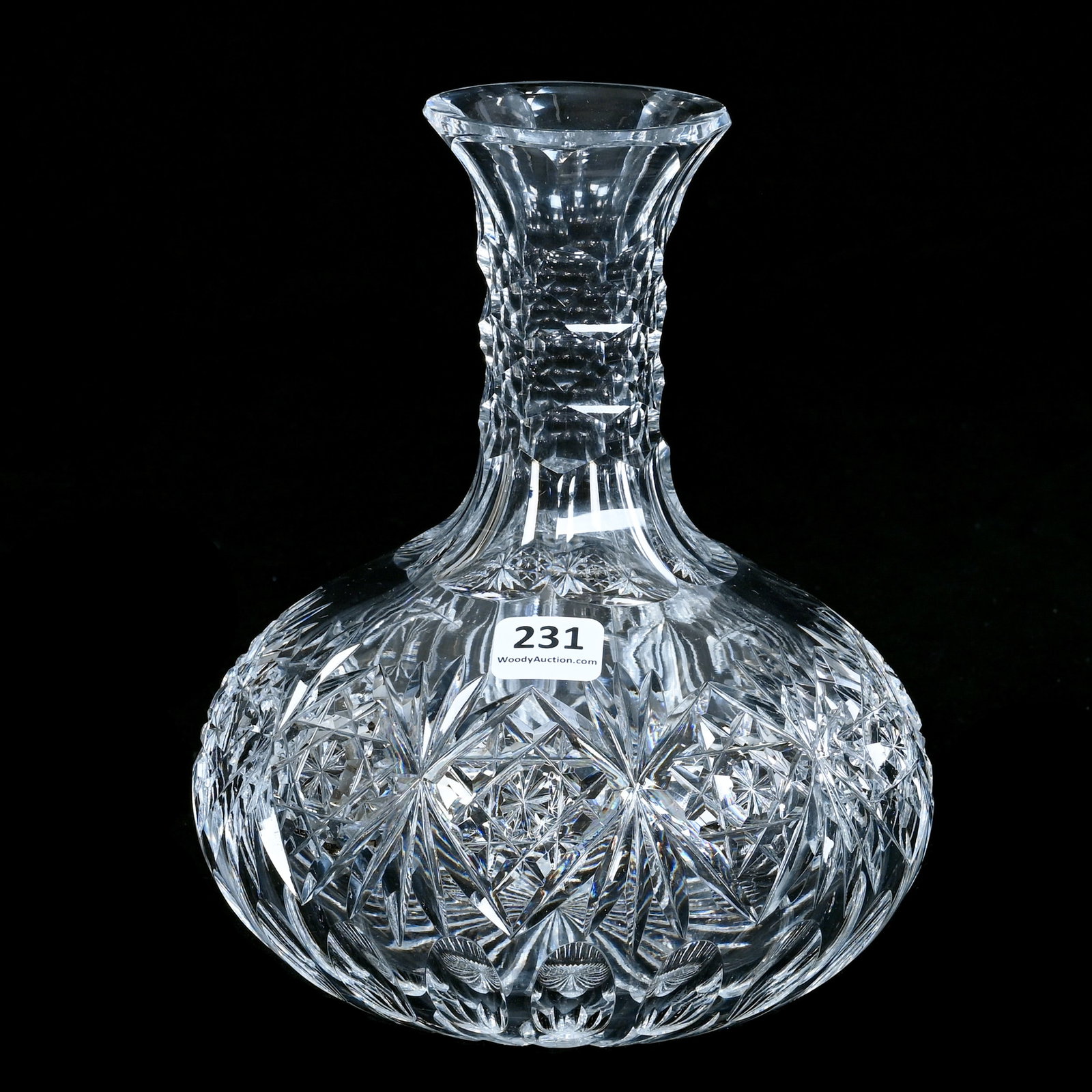 Water Carafe, American Brilliant Cut Glass, Signed Hawkes, Florence Pattern: Water Carafe, American Brilliant Cut Glass, Signed Hawkes, Florence Pattern, 7.5 x 6 x 6 Inches, Ray Cut Base, Honeycomb Neck, 3.4 Pounds, Mitchell Caughman Collection, Colorado. Effective 6/6/26, All