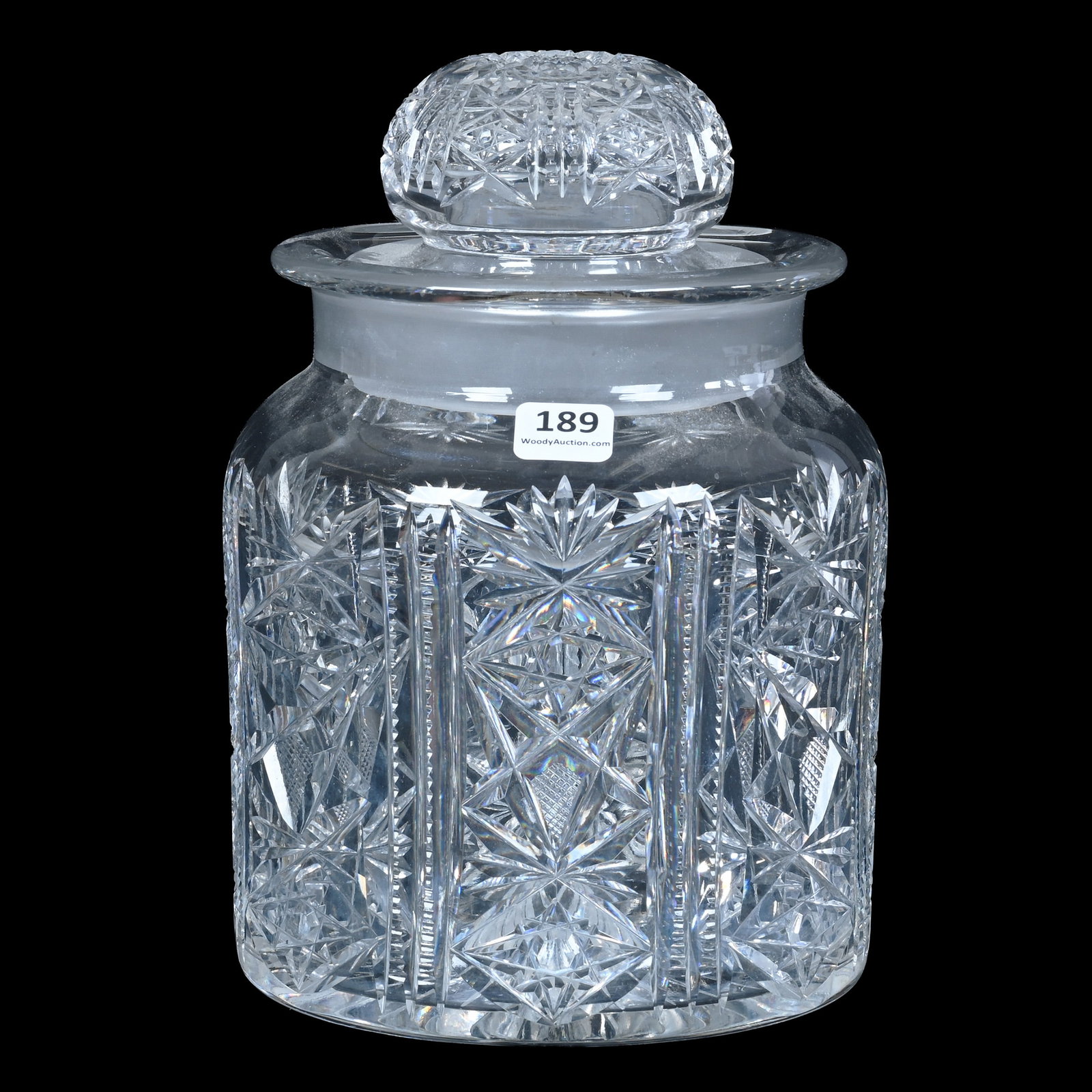 Humidor, American Brilliant Cut Glass: Humidor, American Brilliant Cut Glass, 8.75 x 6 x 6 Inches, Alternating Panels Of Hobstar, Crosscutting, Prism, And Fan Motif, Pattern Cut Lid, Ray Cut Base, 7 Pounds, Private Collection, Kansas. Effe