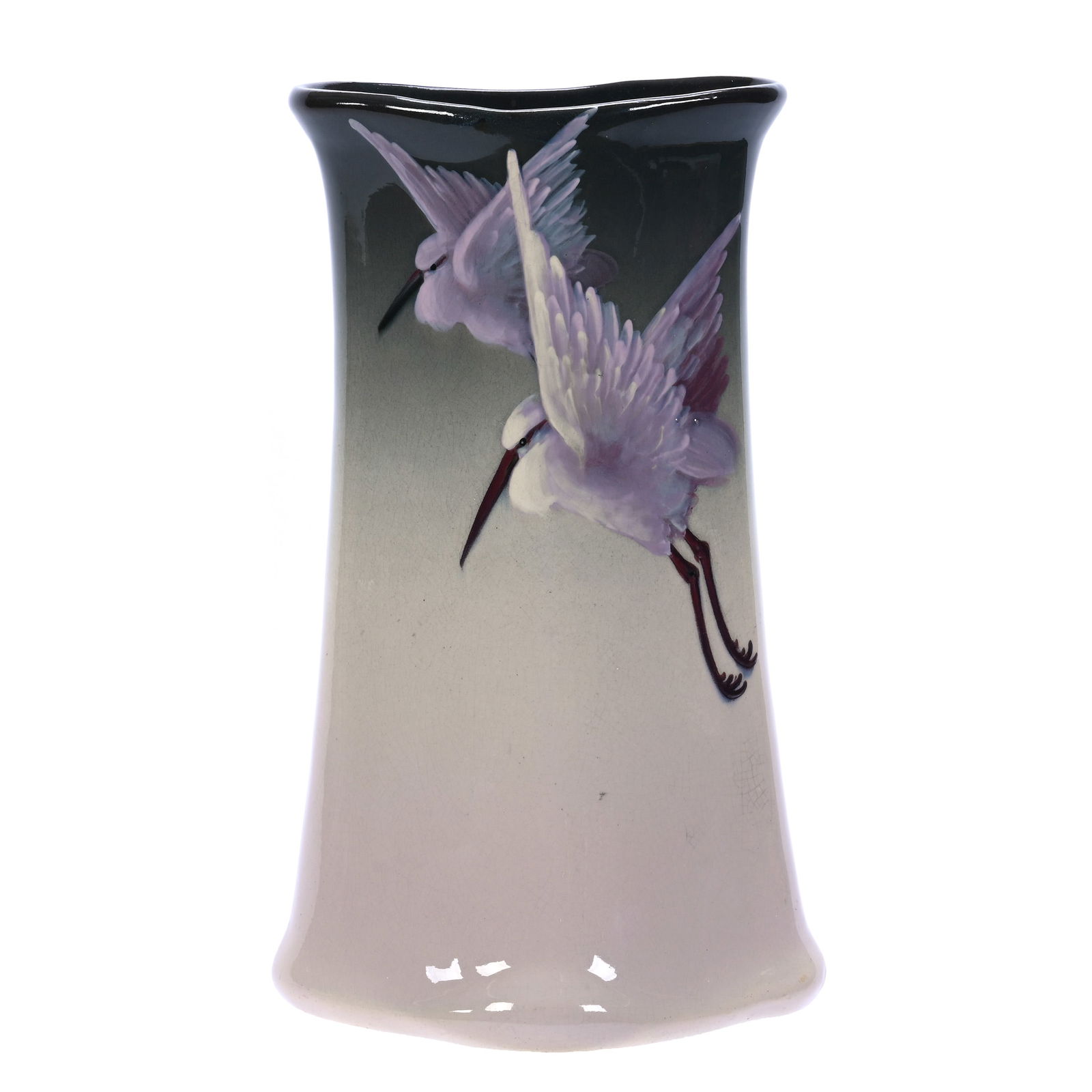 Vase, Marked Weller Eocean, Art Pottery, Artist Signed Charles Chilcote: Vase, Marked Weller Eocean, Art Pottery, Artist Signed Charles Chilcote, 10.5 x 6.25 x 5 Inches, Green Shading To White With Flying Crane Scenic Decor, 2.8 Pounds, Douglas Millhoff Collection, OH.