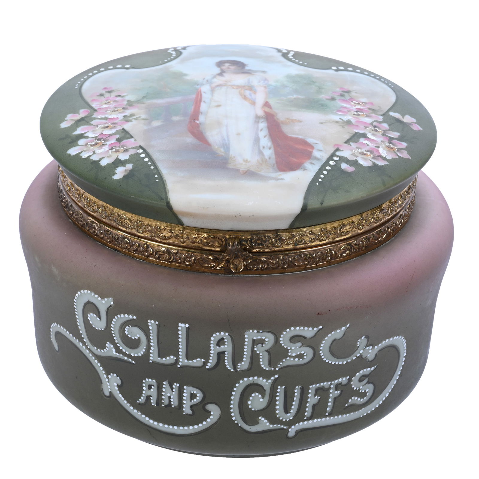 Collars And Cuffs Box, Marked Nakara: Collars And Cuffs Box, Marked Nakara, 5.5 x 8 x 8 Inches, Green And Rose Background With Queen Louisa Portrait, Labeled "Collars And Cuffs" With White Enamel Beaded Highlights, Original Lining, 2.9