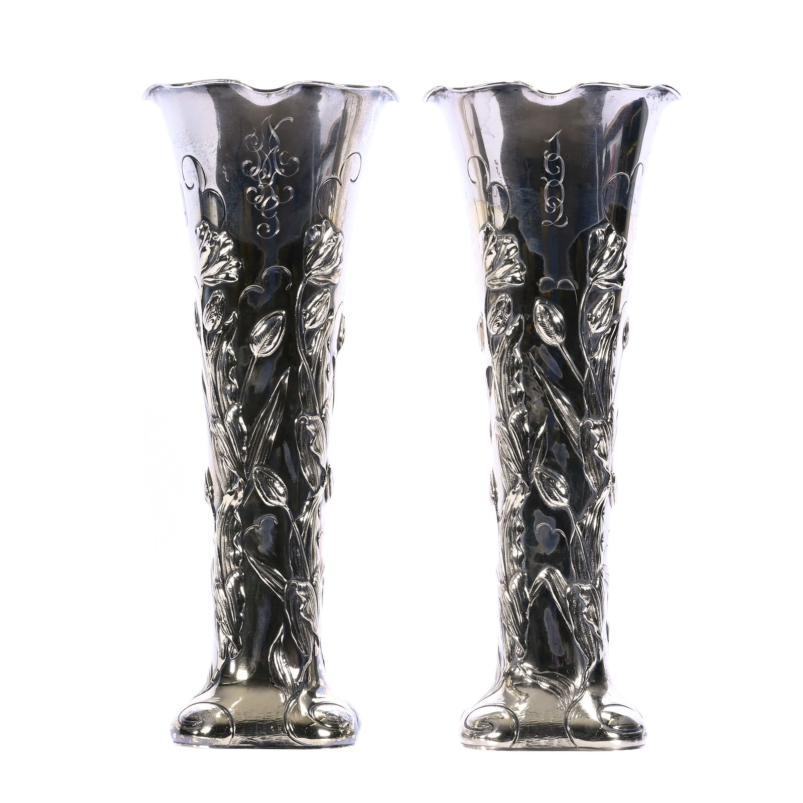 Pair Of Vases, Solid Sterling Silver, Marked Shiebler & Co, Model #824, Jewelers Mark JC Grogan (1 of 3)