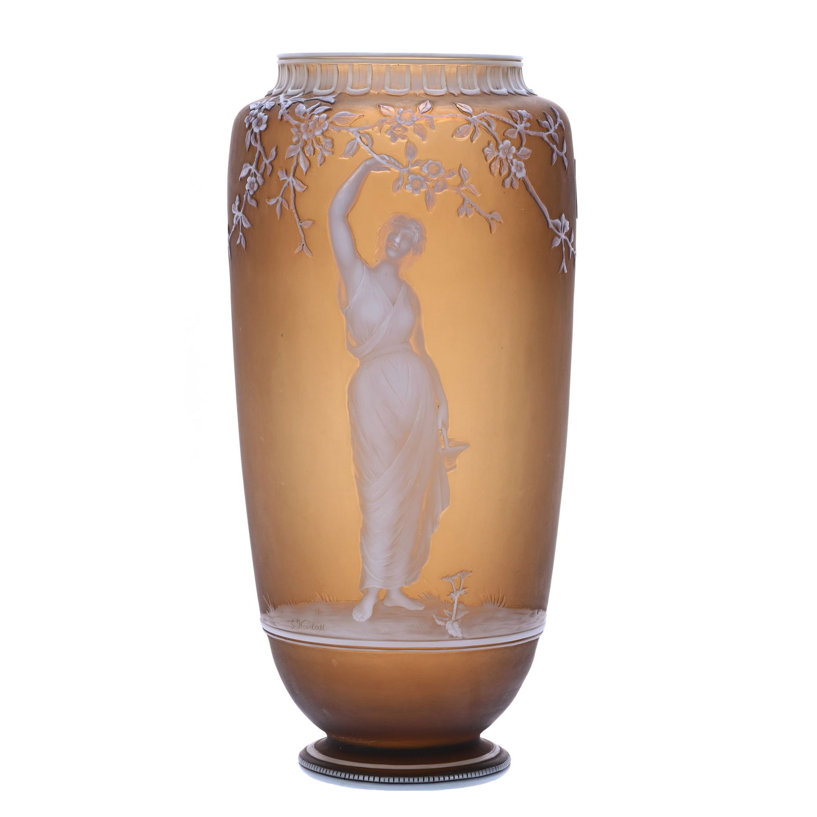 Vase, Signed George Woodall, English Cameo Art Glass, Marked Thomas Webb & Sons Gem Cameo, Circa: Vase, Signed George Woodall, English Cameo Art Glass, Marked Thomas Webb And Sons Gem Cameo, Circa 1890, 8.25 x 4 x 4 Inches, Raisin Colored Background With White Cameo Carved Overlay Featuring Woman