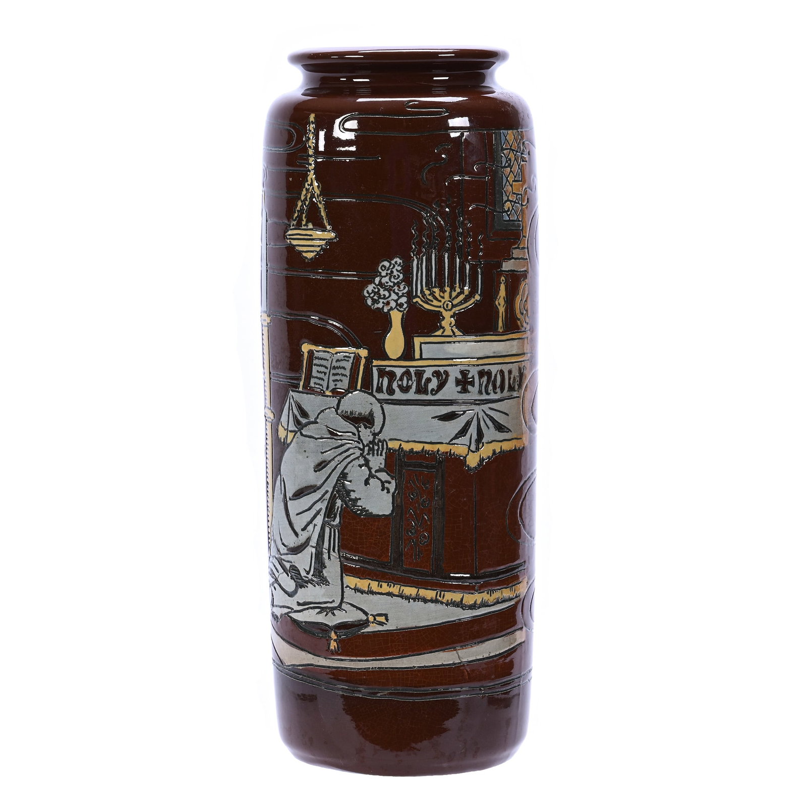 Cylinder Vase, Marked Weller Dickens Ware: Cylinder Vase, Marked Weller Dickens Ware, 10.75 x 4.25 x 4.25 Inches, Brown With Scene Of Priest Praying At Altar, 2.9 Pounds, Douglas Millhoff Collection, OH.
