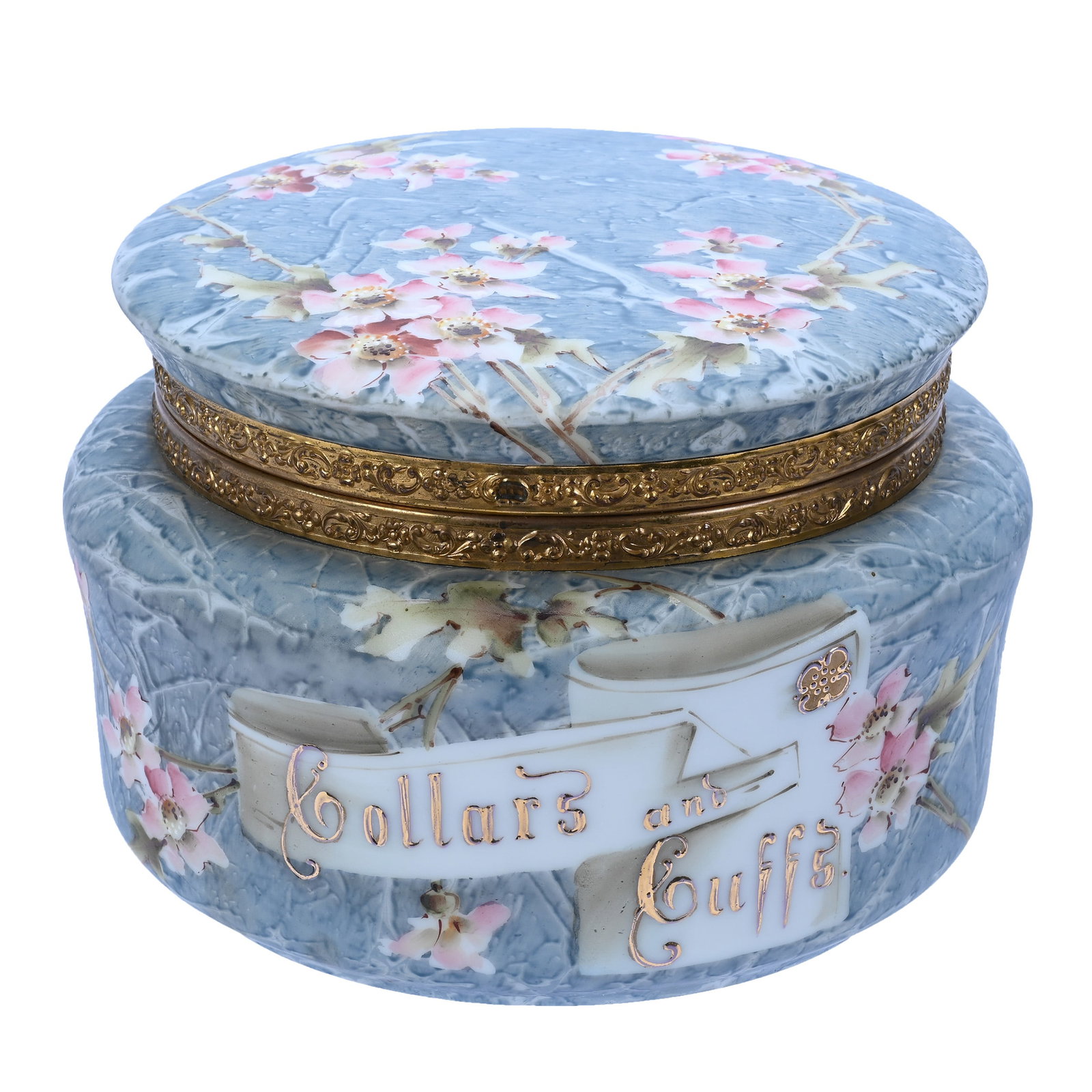 Collars And Cuffs Box, Marked Kelva: Collars And Cuffs Box, Marked Kelva, 5.5 x 8 x 8 Inches, Mottled Blue Background With Pink Floral Decor, Image Of Collars And Cuffs And Labeled In Gold Enamel "Collars And Cuffs", Missing Front