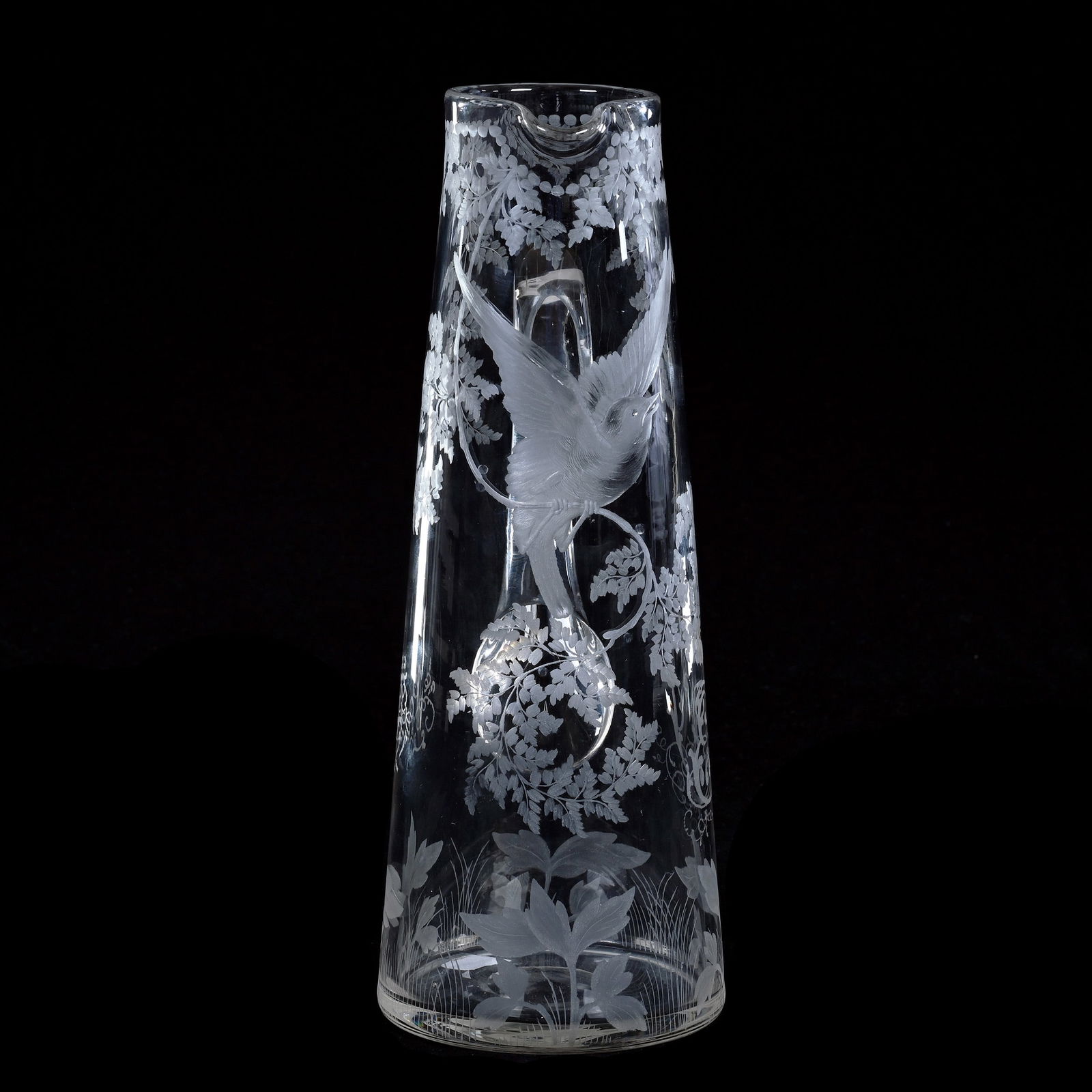 Champagne Tankard, ABCG: Champagne Tankard, American Brilliant Cut Glass, 12 x 5.75 x 4.5 Inches, Finely Engraved Bird And Branch Decor, Large Monogram "H" And Dated 1900, Polished Pontil Base, 2.5 Pounds, Dr. Harold And