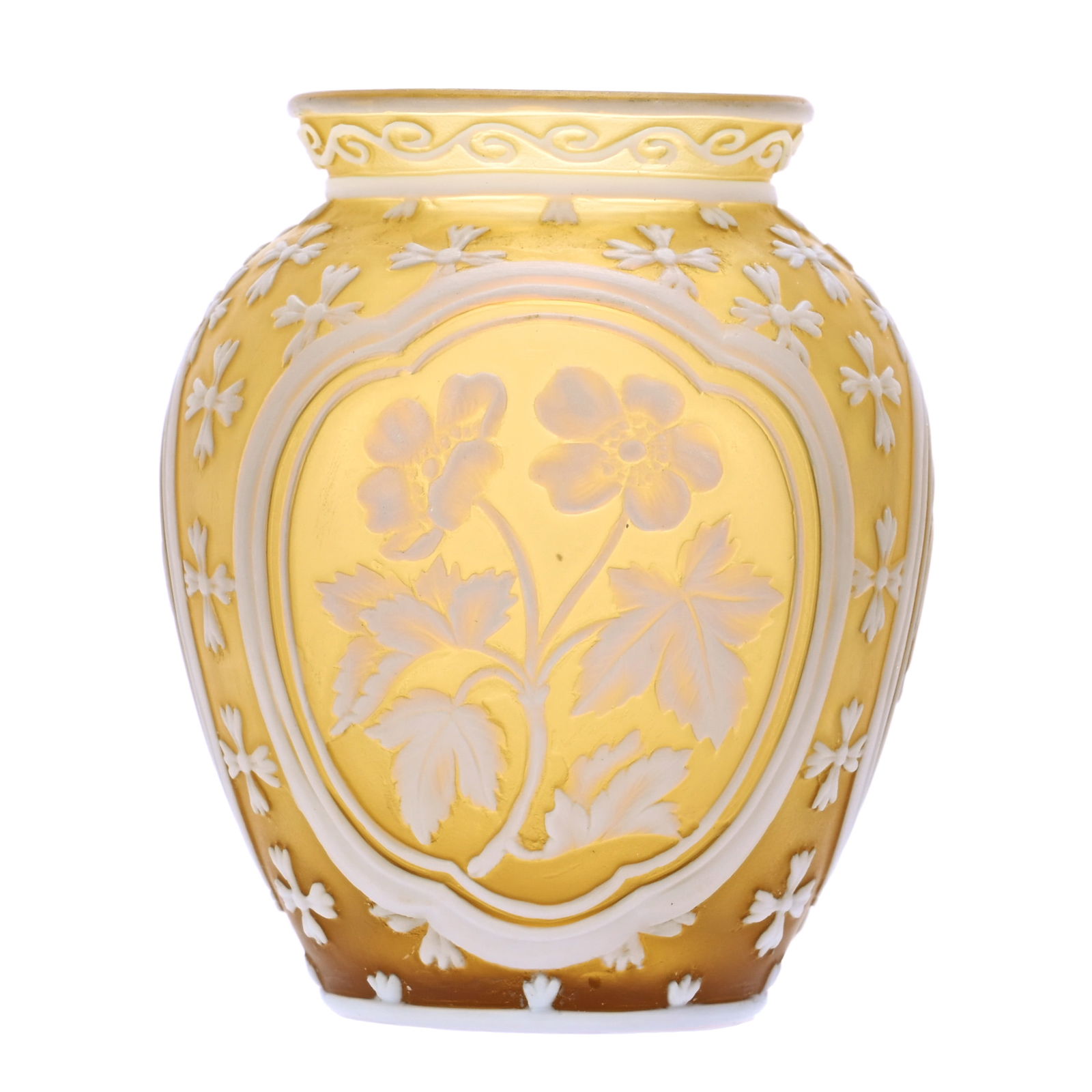 Vase, Unmarked English Cameo Art Glass: Vase, Unmarked English Cameo Art Glass, 3 x 2.75 x 2.75 Inches, Citrine Background With White Carved Cameo Overlay Featuring Three Floral Medallions And Modified English Cross Design, 0.2 Pounds, Doug
