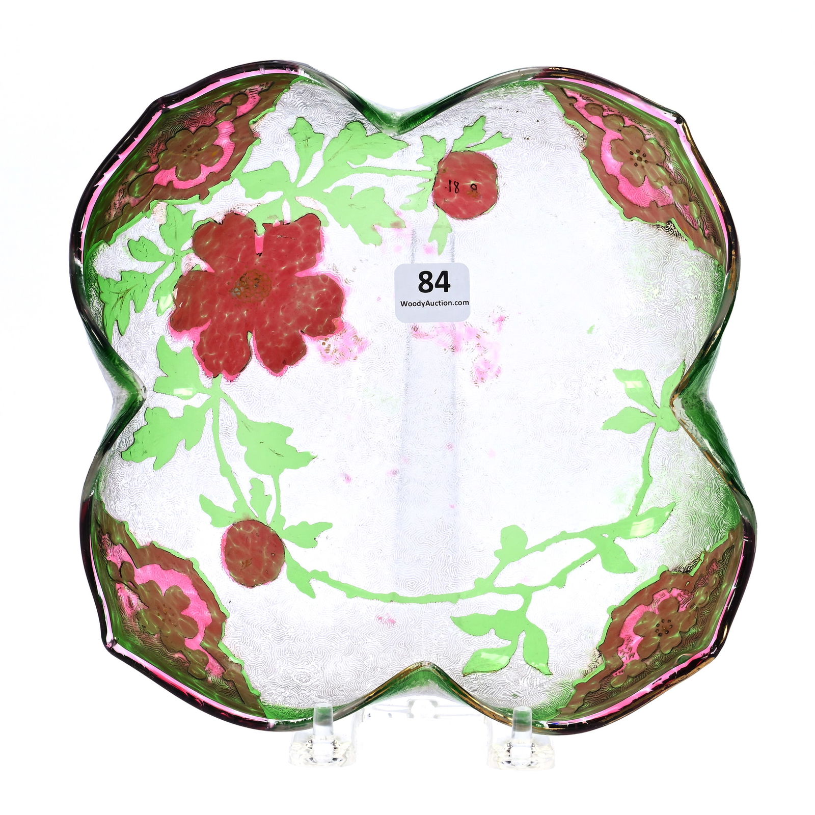 Bowl, Unmarked Baccarat Art Glass: Bowl, Unmarked Baccarat Art Glass, 2 x 7.5 x 7.5 Inches, Multicolor Cameo Carved, Clear With Green And Cranberry Cameo Cutback Floral Overlay On Interior And Exterior, 0.9 Pounds, Douglas Millhoff Col