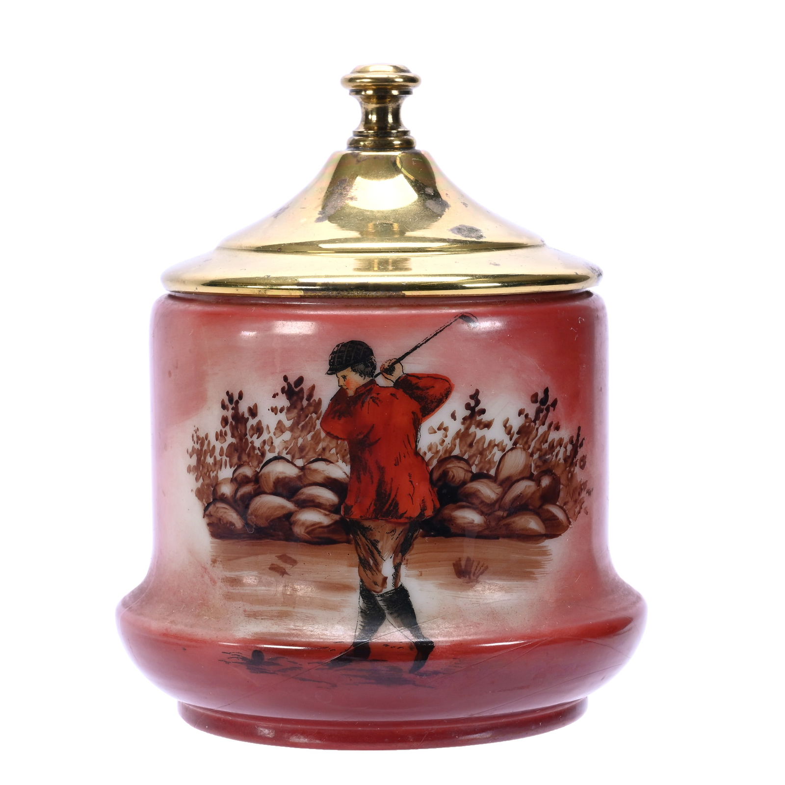 Humidor, Unmarked Handel Opal Ware With Golfing Memorabilia Scenic Decor: Humidor, Unmarked Handel Opal Ware With Golfing Memorabilia Scenic Decor, 6 x 4.75 x 4.75 Inches, Rust Colored Background With Harvard Latin Emblem, 1.3 Pounds, Susie Cessarini Collection, MD.