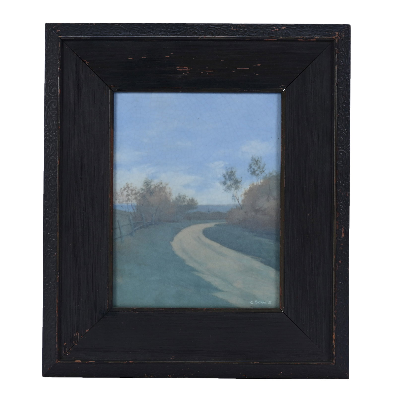 Plaque, Rookwood Art Pottery, Dated 1915: Plaque, Rookwood Art Pottery, Dated 1915, 15 x 12.75 x 1.5 Inches, Vellum Country Road Scenic Decor, Artist Signed Carl Schmidt, Mounted In Original Wooden Frame, The Plaque Size Is 9.25" x 7.25",