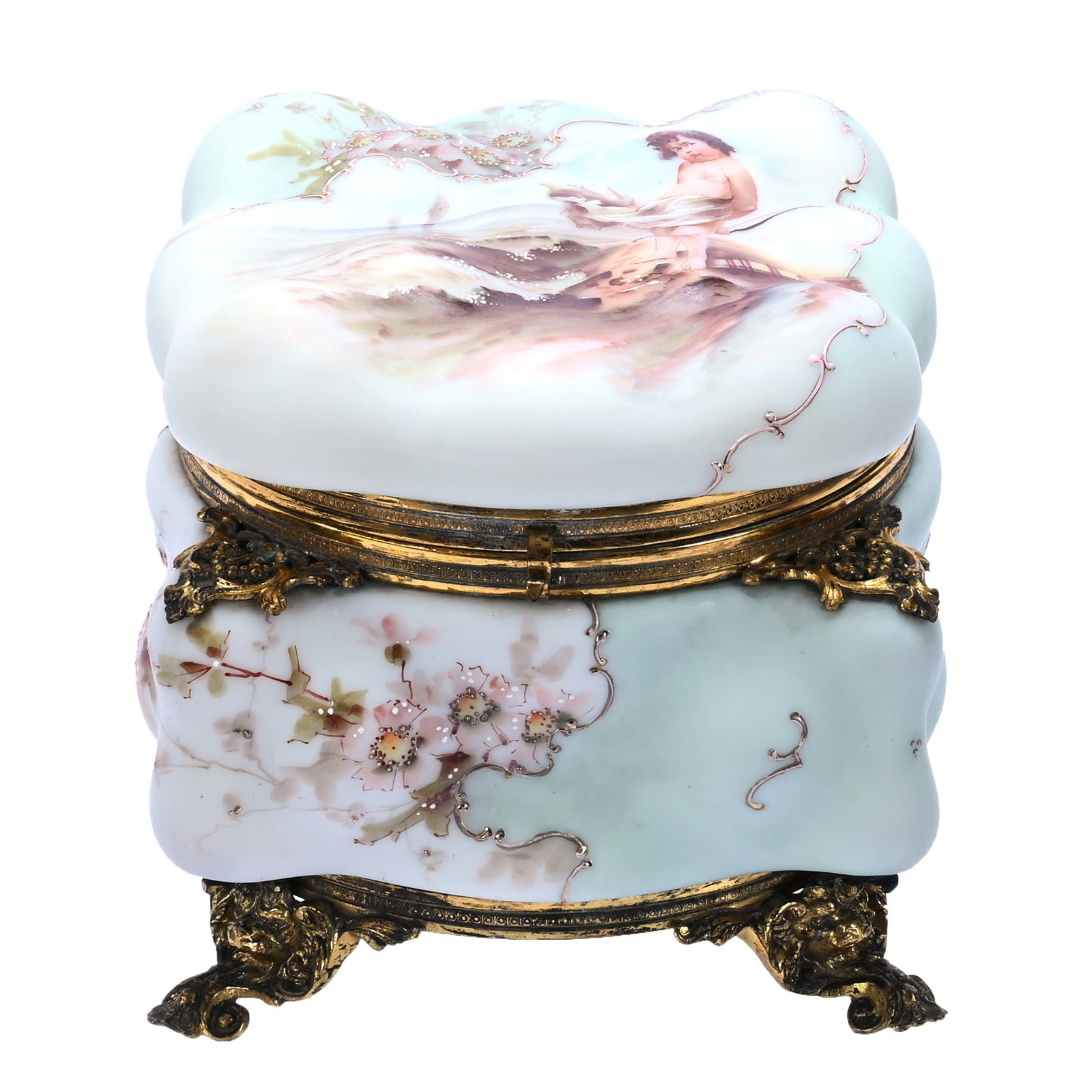 Dresser Box, Unmarked Wave Crest, Egg Crate Mold: Dresser Box, Unmarked Wave Crest, Egg Crate Mold, 6.5 x 6.75 x 6.75 Inches, Cherub Along Seashore Scenic Decor, Green And White Tones With Pink Floral Highlights, Brass Lion Head Feet, Original
