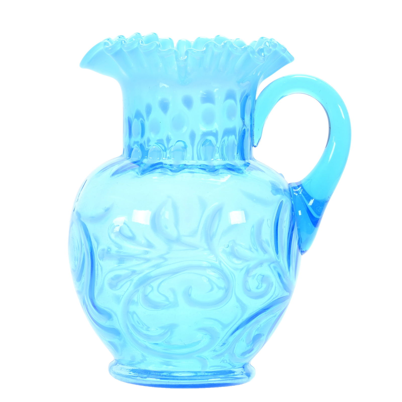 Water Pitcher, Blue Opalescent Art Glass, Button And Braids Pattern (1 of 3)