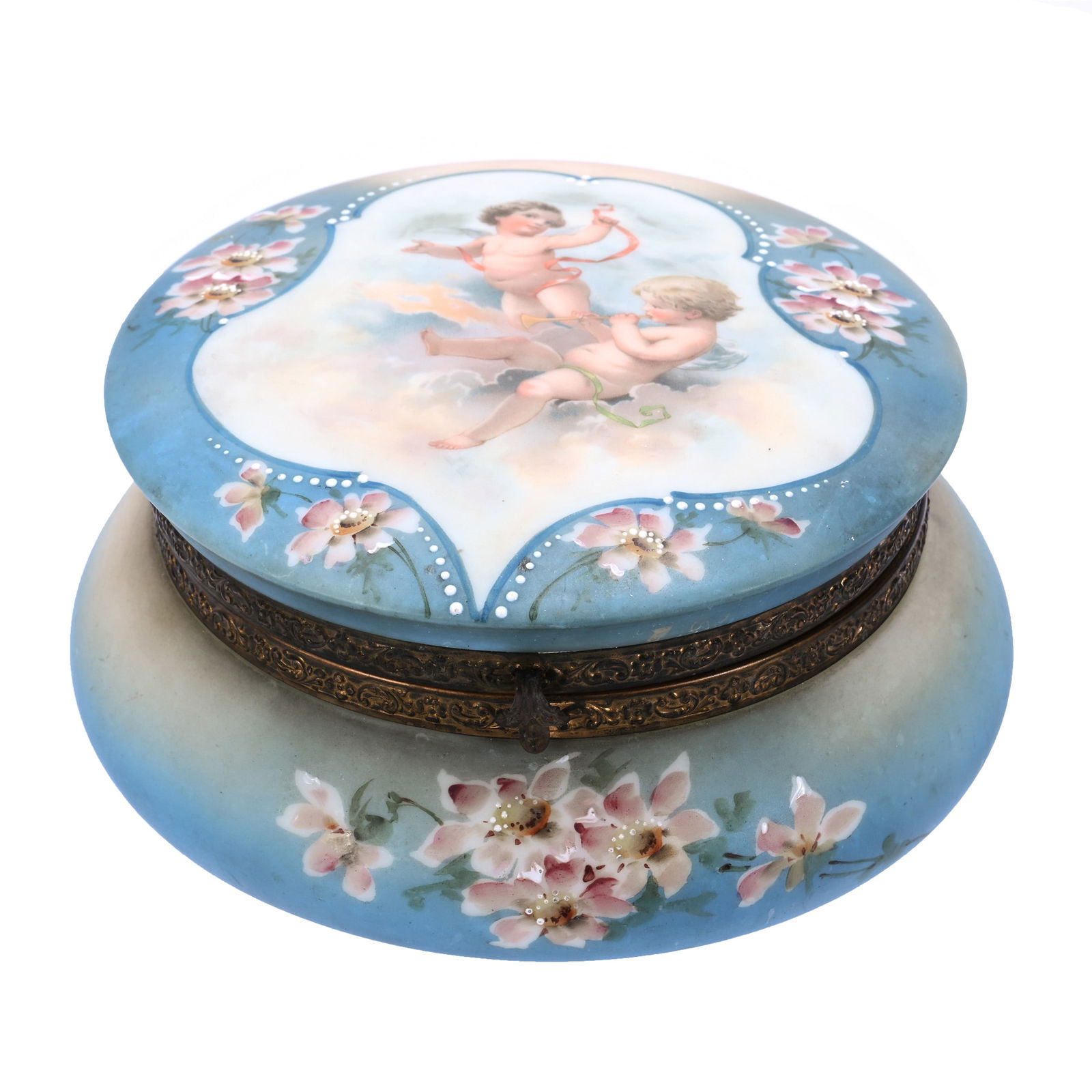 Dresser Box, Marked Nakara: Dresser Box, Marked Nakara, 3.5 x 7.75 x 7.75 Inches, Cherubs In The Clouds Scenic Decor, Blue And Cream Tones With Pink Floral Highlights, 2.3 Pounds, Susie Cessarini Collection, MD.