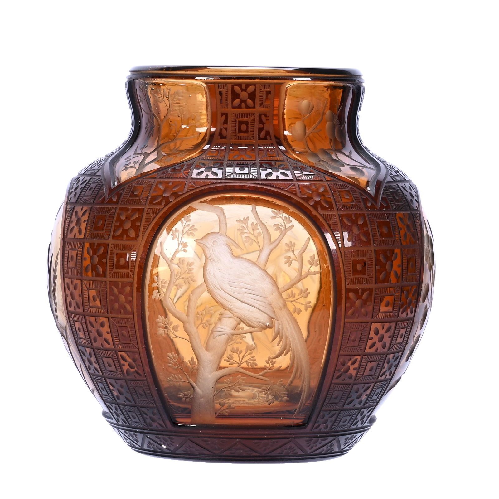 Vase, Signed Thomas Webb & Sons: Vase, Signed Thomas Webb And Sons, 3.5 x 3.75 x 3.75 Inches, English Art Glass, Amber Cut To Clear, Four Finely Engraved Panels Of Bird And Branch Decor, Wonderful Piece, 0.9 Pounds, Douglas Millhoff