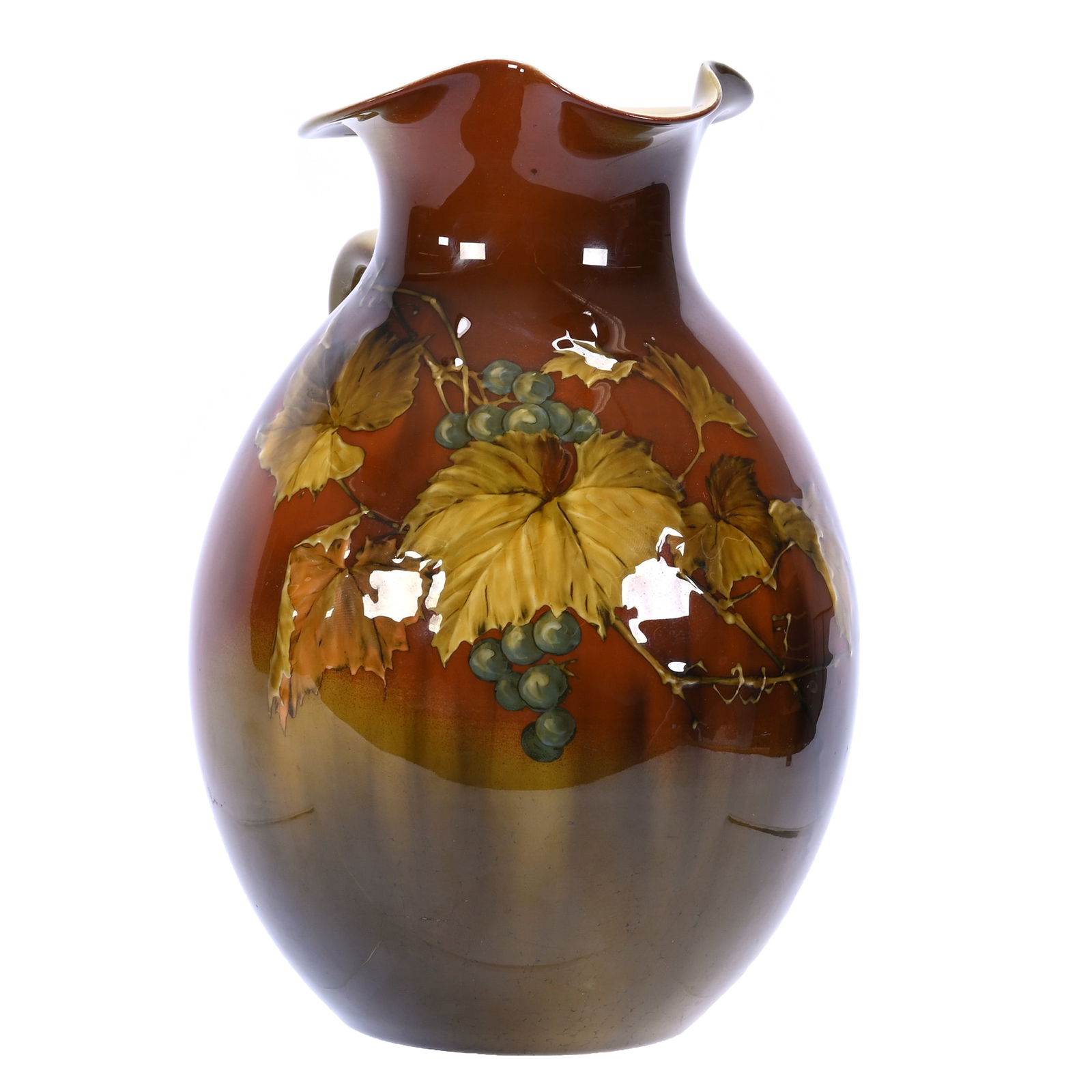 Pitcher, Rookwood Art Pottery, #412S, Dated 1888: Pitcher, Rookwood Art Pottery, #412S, Dated 1888, 8.5 x 6 x 5.75 Inches, Brown And Green Glaze With Vintage Decor, Outstanding Quality, No Visible Artist Marks, 2.6 Pounds, Douglas Millhoff