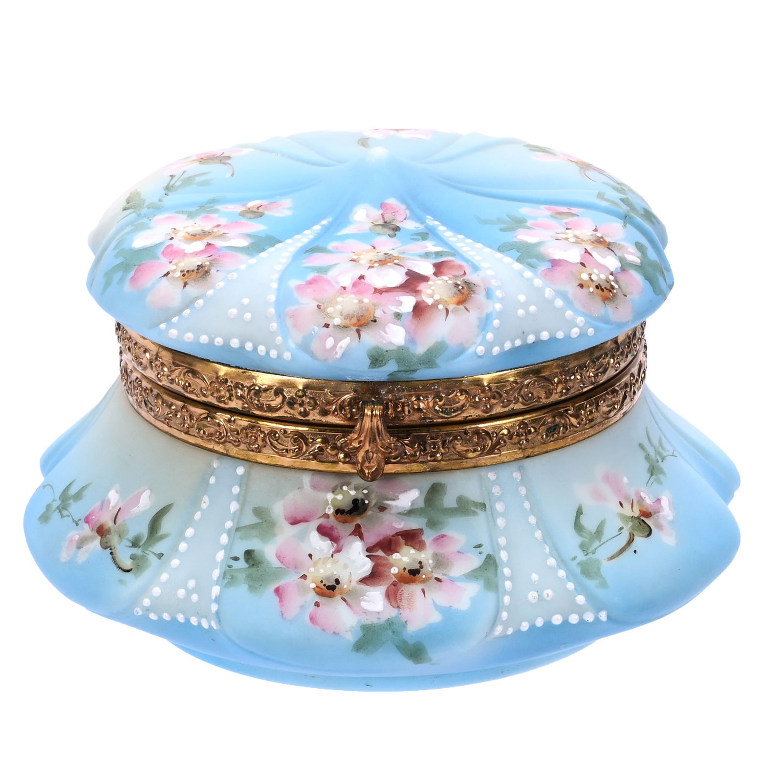 Jewel Box, Marked Nakara, Crown Mold: Jewel Box, Marked Nakara, Crown Mold, 4.25 x 6.5 x 6.5 Inches, Blue And Cream Tones With Pink Floral Decor, Beveled Mirror Inset Interior Lid, 1.9 Pounds, Susie Cessarini Collection, MD.