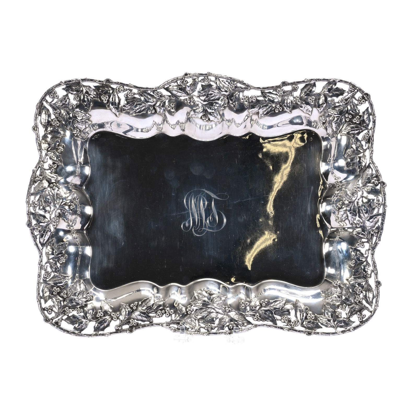 Tray, Solid Sterling Silver, By Tennant Company Of New York, Model #830: Tray, Solid Sterling Silver, By Tennant Company Of New York, Model #830, 15.25 x 11.25 x 1.75 Inches, Elaborate Embossed And Reticulated Holly Design, Company Only In Business For Four Years From