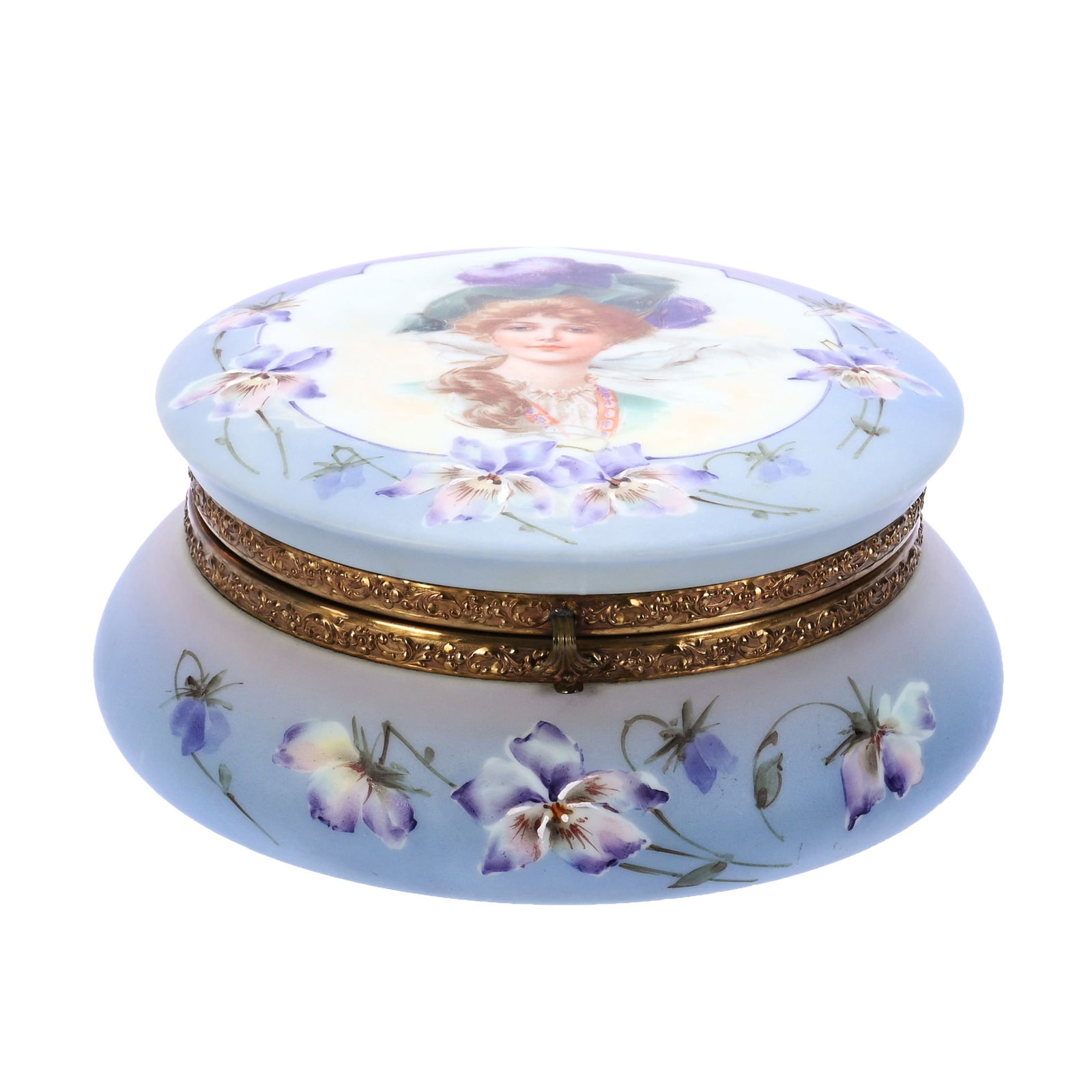 Dresser Box, Marked Nakara: Dresser Box, Marked Nakara, 3.75 x 7.75 x 7.75 Inches, Gibson Girl Portrait, Lavender And Pink Tones With Violet Floral Highlights, 2.4 Pounds, Susie Cessarini Collection, MD.