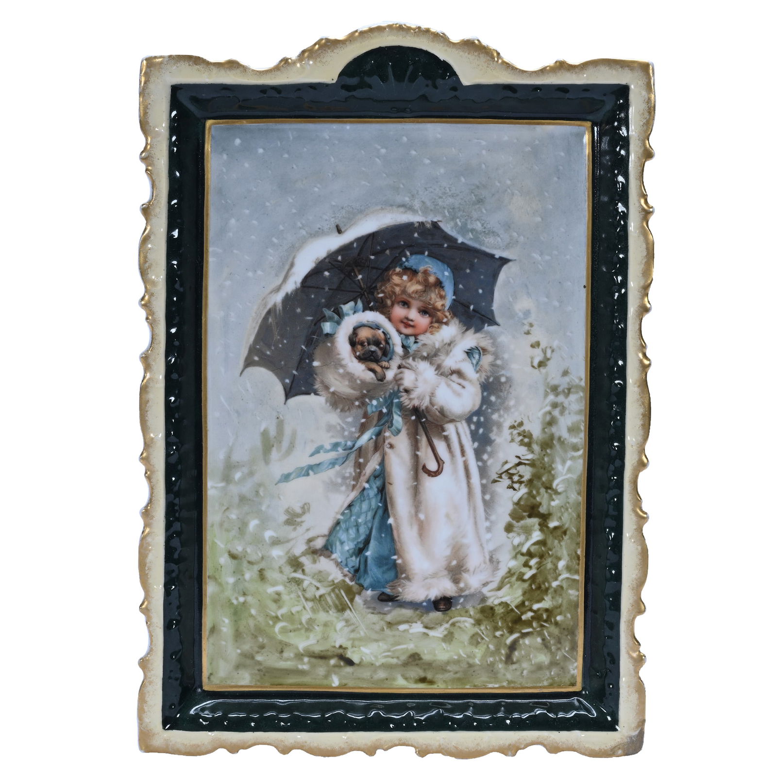 Plaque, Marked JD & C Limoges: Plaque, Marked JD & C Limoges, 14.5 x 10 x 1 Inches, Exceptional Winter Scene Of Young Girl In Fur Coat With Dog Wrapped In Muff, Has A Green And Cream Border, Very Nice Quality, 2.5 Pounds, Dr.